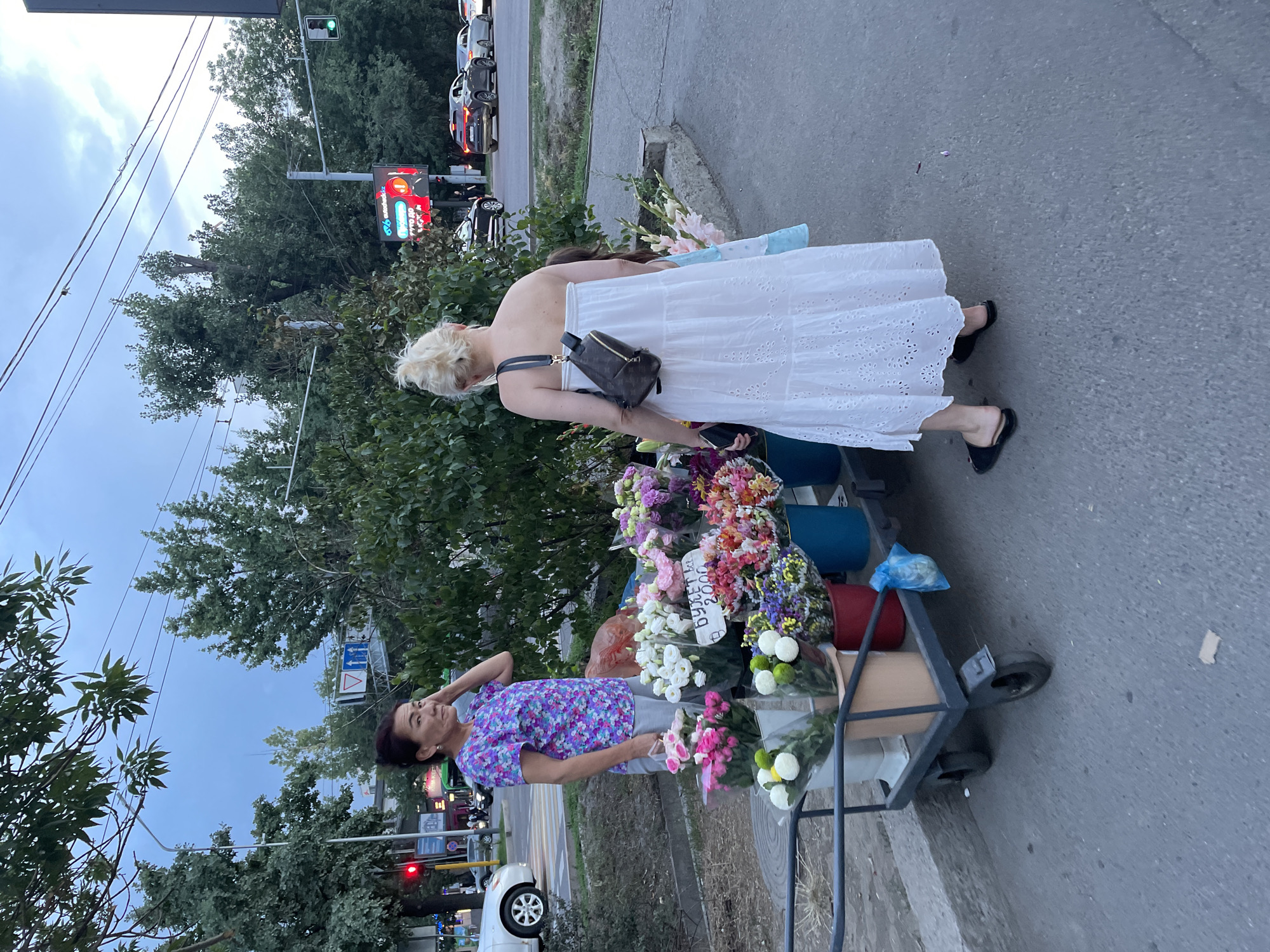 An outdoor scene in Almaty, Kazakhstan, captures a flower vendor and a potential customer. The vendor, an older Asian woman with her hair in a bun, stands behind a cart laden with various bouquets of flowers. She wears a purple and pink floral print shirt and grey pants. To her right, a blonde woman in a white, eyelet-trimmed maxi dress and black sandals stands with her back to the camera, examining the flowers. A small child in a light blue dress is partially visible behind the blonde woman. The flower cart is metal with two wheels and contains buckets of colorful blooms, including white, pink, purple, and red flowers. A plastic bag is tied to the side of the cart. In the background, trees line the street, and traffic lights and overhead wires are visible. Cars are present on the road, suggesting an urban setting. The sky is overcast, indicating dusk or an approaching storm. The overall atmosphere is that of a street-side market transaction.