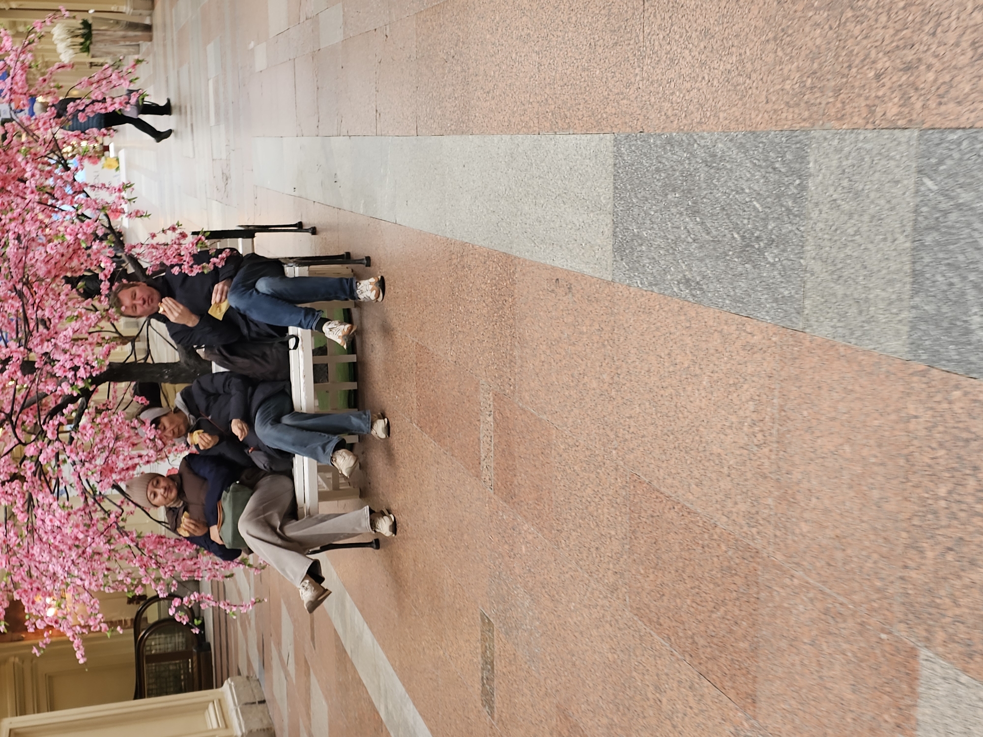 The image shows four people sitting on a white bench indoors, near a pink cherry blossom tree. They are positioned along a walkway with floor tiles that alternate between pink and gray. The location appears to be a pedestrian zone, possibly a mall or arcade, based on the architectural details. Two people walk in the background. The people on the bench seem to be eating. The city and country are unknown.
