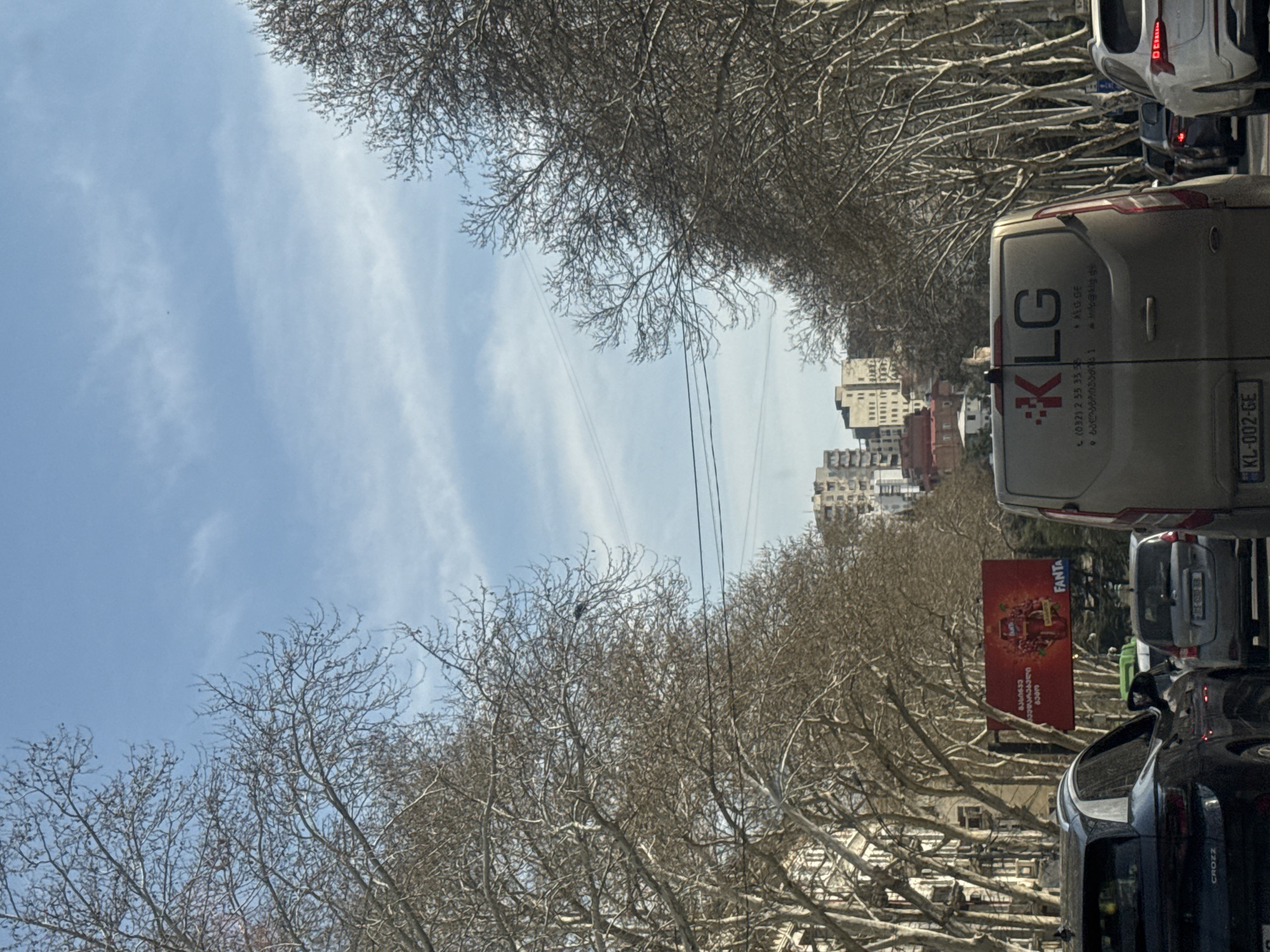 The image shows a street scene in Tbilisi, Georgia, characterized by a busy road lined with bare trees. The perspective suggests the photo was taken from inside a vehicle. A mix of vehicles, including vans and cars, is present, and there is traffic congestion. A building complex is visible in the distance, beyond the trees. An advertisement for Fanta can be seen in the middle ground. The sky is clear, and the general environment suggests an urban setting during either late autumn or early spring.
