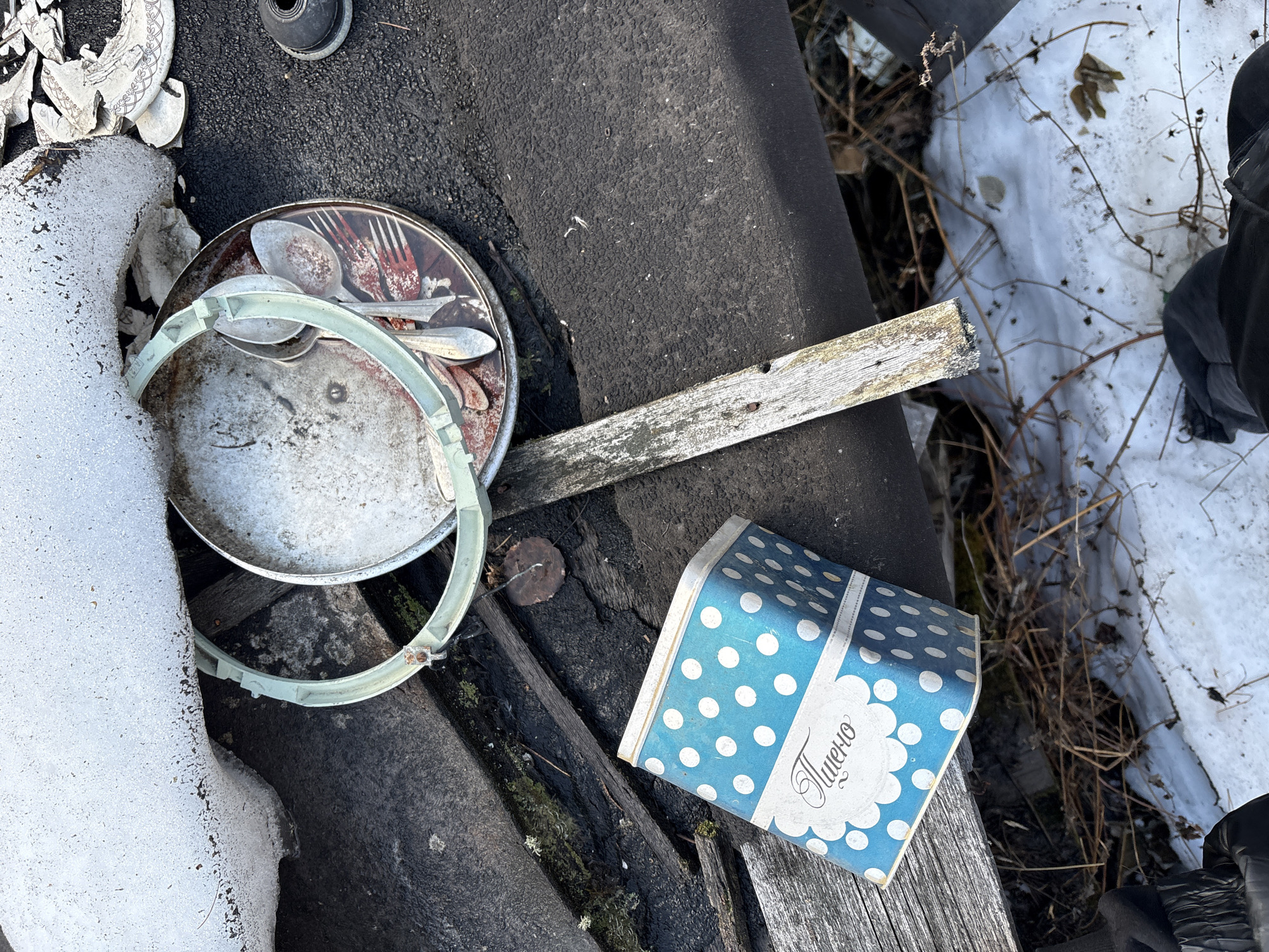 The image displays an overhead view of various discarded objects, suggesting an outdoor, neglected area, possibly in Zheleznodorozhny, Russia. No people are visible.
The scene is composed of both man-made items and natural elements. In the upper left, a patch of dirty snow partially covers fragments of broken white ceramic or porcelain plates, some exhibiting ornate patterns. Adjacent to the snow is a dark, textured surface, resembling asphalt or roofing felt, on which a small, black, knob-like object with ridged details is situated towards the top center.
Central to the image, a round, rusty metal tray features a dark, patterned design with what appear to be red and black stylized forks. Several tarnished metal spoons and forks rest upon this tray. Beneath it, another older, larger metal lid or plate is visible. A light green plastic ring, broken or detached from its original item, arches across these metallic objects.
A weathered, light-colored wooden plank runs diagonally through the middle-right of the frame, showing splintered edges and a few small holes. Below this plank, a distinctive blue box with white polka dots and a decorative white label is prominent. The label features Cyrillic text, reading "Пищено". This box rests upon darker, rough wooden planks and some mossy growth.
Towards the right and bottom right of the image, patches of snow are intermingled with dry, brown vegetation, indicating a cold season like winter or early spring. A dark, possibly black, object, which could be part of a shoe or boot, is partially visible in the bottom right corner. The scene is illuminated by daylight.