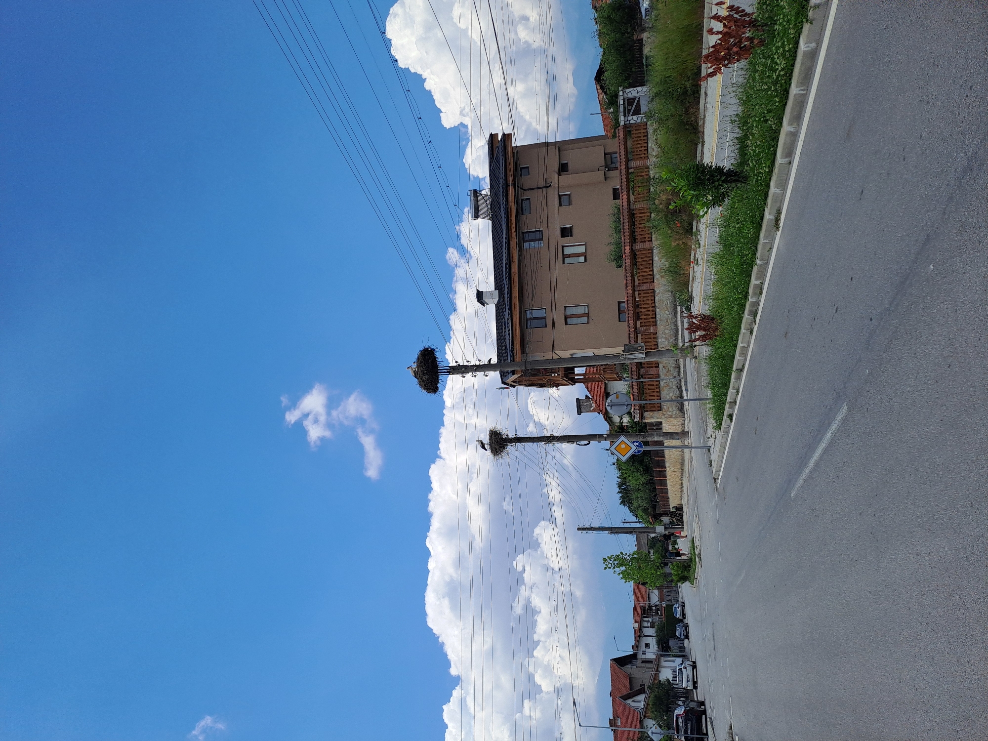 The image depicts a street scene in a European-style town under a bright blue sky with scattered white clouds. Two utility poles with large stork nests are prominent features. One stork is visible on the nest of the left pole, and another is on the nest of the right pole. A multi-story building with a brown facade and tiled roof stands behind the utility poles, with solar panels visible on its roof. A wooden fence lines the property in front of the building.
The street itself is paved and appears to be a two-lane road. Several cars are parked or driving on the road. Houses with red tiled roofs and residential architecture are visible on the left side of the street. A traffic sign with a yellow diamond and a white border, indicating a priority road, is positioned near the intersection. Green grass and vegetation line the sides of the road. The scene is one of a quiet, suburban or small-town environment.