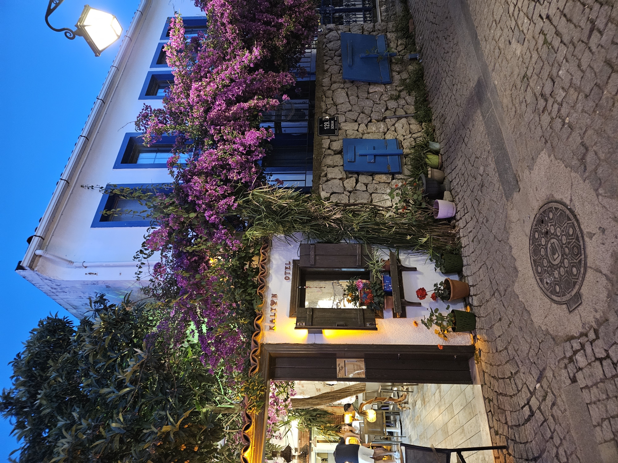 The image depicts the exterior of a building in Seferihisar, Turkey. The structure is a two-story building with white walls and blue window frames on the upper level. A stone wall adjoins the building with blue shutters. Abundant purple bougainvillea vines cascade down the side of the building.
The entrance to what appears to be a restaurant or hotel ("KALYON OTEL" signage is visible) is framed by the bougainvillea. The interior of the establishment is visible through the doorway, showing tables, chairs, and people seated.
Outside, the ground is paved with cobblestones. A street lamp is visible illuminating the building and the surroundings. A manhole cover is on the street.