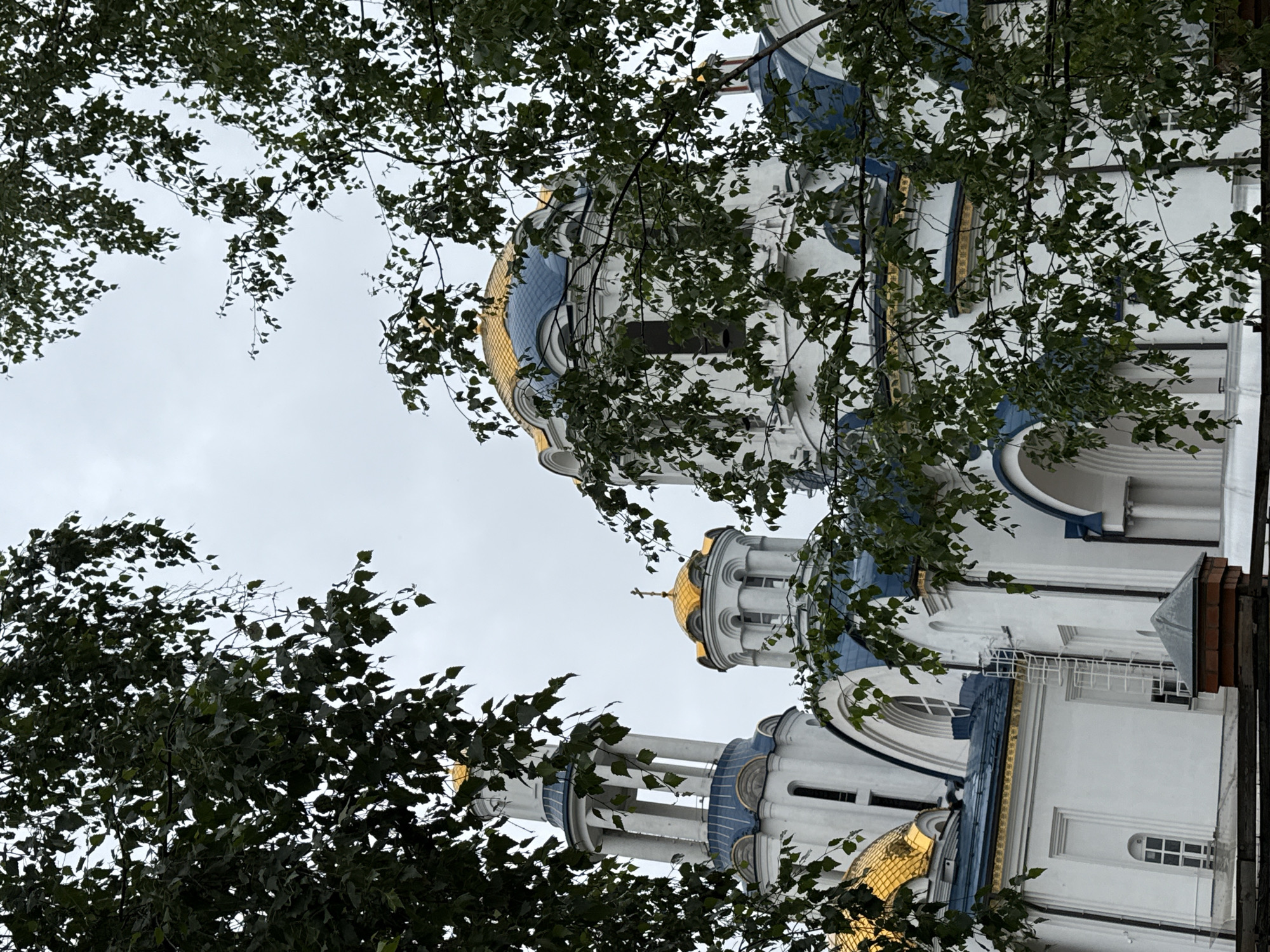This image shows a view of the Church of the Transfiguration in the city of Moscow, Russia, partially obscured by the foliage of trees. The white building features golden domes and blue architectural accents. A bell tower is visible on the left, with multiple levels and columns. Several domes, some golden and some blue-roofed, are present on the main structure, one topped with a cross. The sky is overcast. The foreground is dominated by dark green leaves and branches, creating a natural frame for the church architecture.