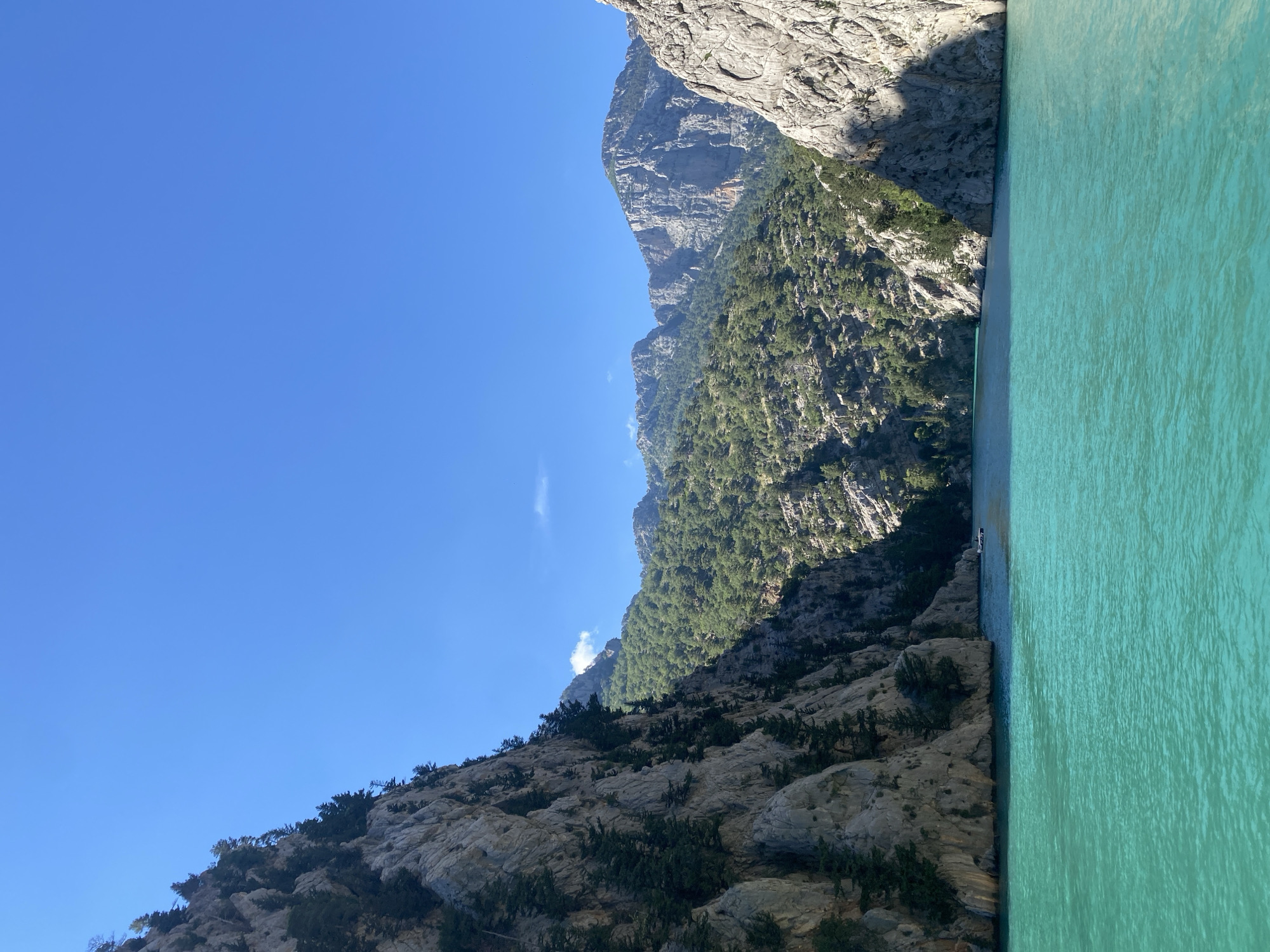 The image displays a breathtaking natural landscape, likely a canyon or gorge, under a bright, clear sky. A vast expanse of vibrant turquoise water dominates the right side of the frame, flowing alongside towering, rugged mountains.
The water appears calm with subtle ripples, reflecting the clear daylight, and its striking color contrasts beautifully with the earthy tones of the surrounding rock formations. Near the distant mountain edge on the water, a small white object, possibly a boat, is faintly visible, hinting at human presence or activity.
On the left and extending into the center, imposing mountains rise steeply. Their rocky surfaces show various shades of grey and brown, indicating geological strata and erosion. Dense green vegetation, comprising trees and shrubs, clings to the slopes, particularly in the middle ground and foreground, where the sun illuminates the foliage more directly. Deeper within the canyon, some mountain faces are cast in shadow, accentuating their grandeur and depth. The foreground shows a rocky, vegetated slope, providing a sense of scale to the massive geological features.
Above the mountains, a brilliant azure sky stretches, completely clear except for a few wisps of white cloud visible in the distance. The strong sunlight and pronounced shadows suggest it is midday or early afternoon. The overall impression is one of serene natural beauty and immense scale. Given the context, this scenic view is located in Akseki, Turkey, known for its dramatic landscapes. There is no visible text in the image.