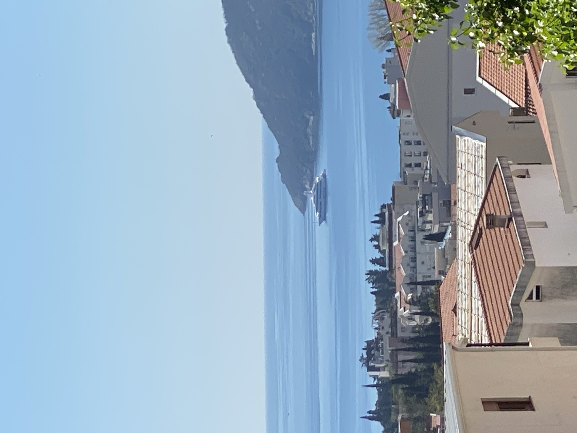 The image depicts a coastal scene likely in Budva, Montenegro, based on the architecture and geography. A large body of water, possibly the Adriatic Sea, dominates the central view. A long, mountainous landmass stretches into the water on the left. A cruise ship is visible on the water. Buildings with red-tiled roofs and white facades are seen on the right side of the frame. Green trees are interspersed with the buildings. The sky is clear and light blue.