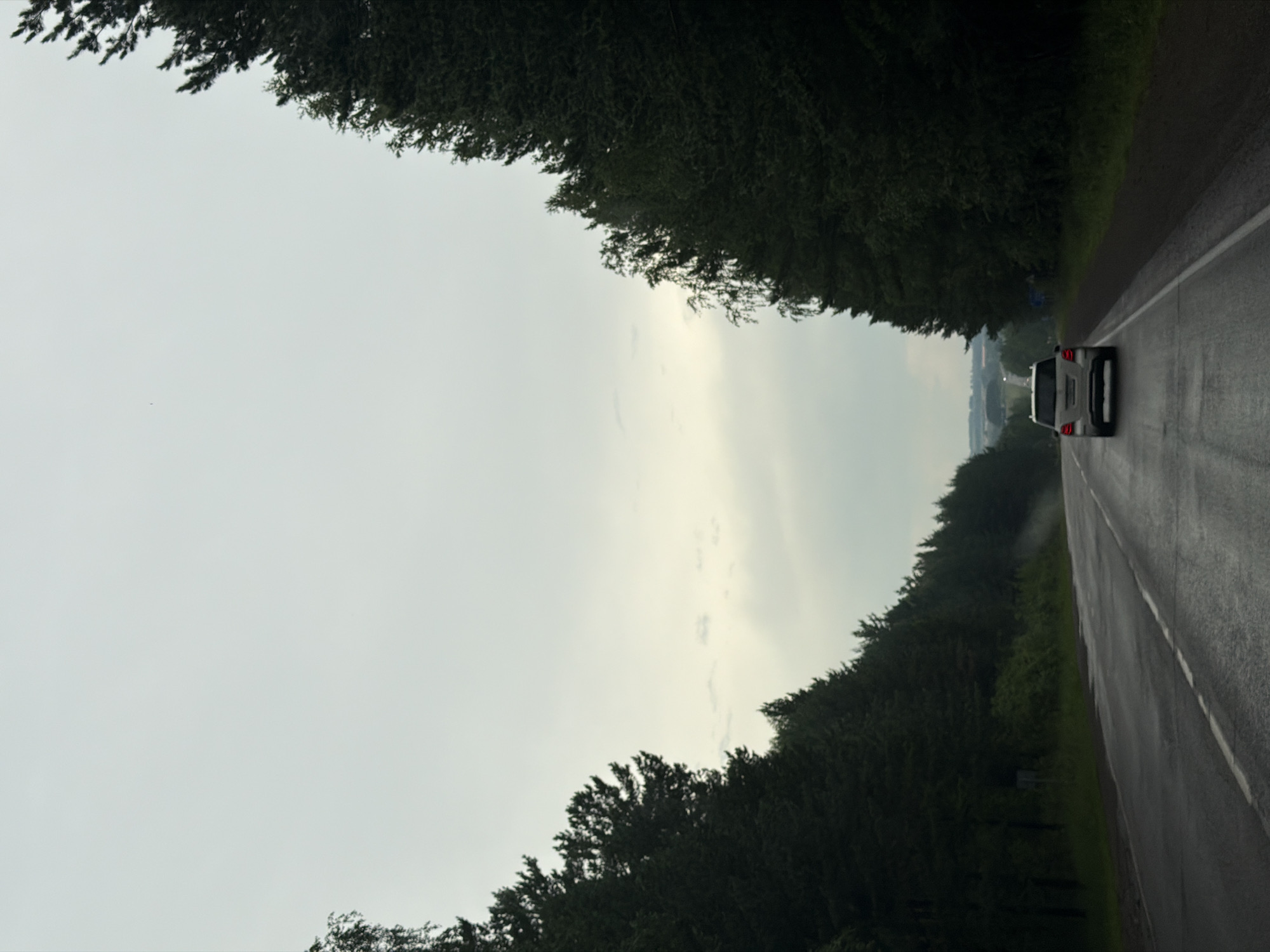 A light-colored SUV is driving down a wet asphalt road lined with dark green trees on both sides. The sky is overcast and light gray. The road has a white line down the center and to the right. The SUV is in the right lane, heading away from the viewer. There is a slight fog or mist rising from the road in the distance to the right. The location is identified as the M53 highway in the vicinity of the village of Mindela, Russia.