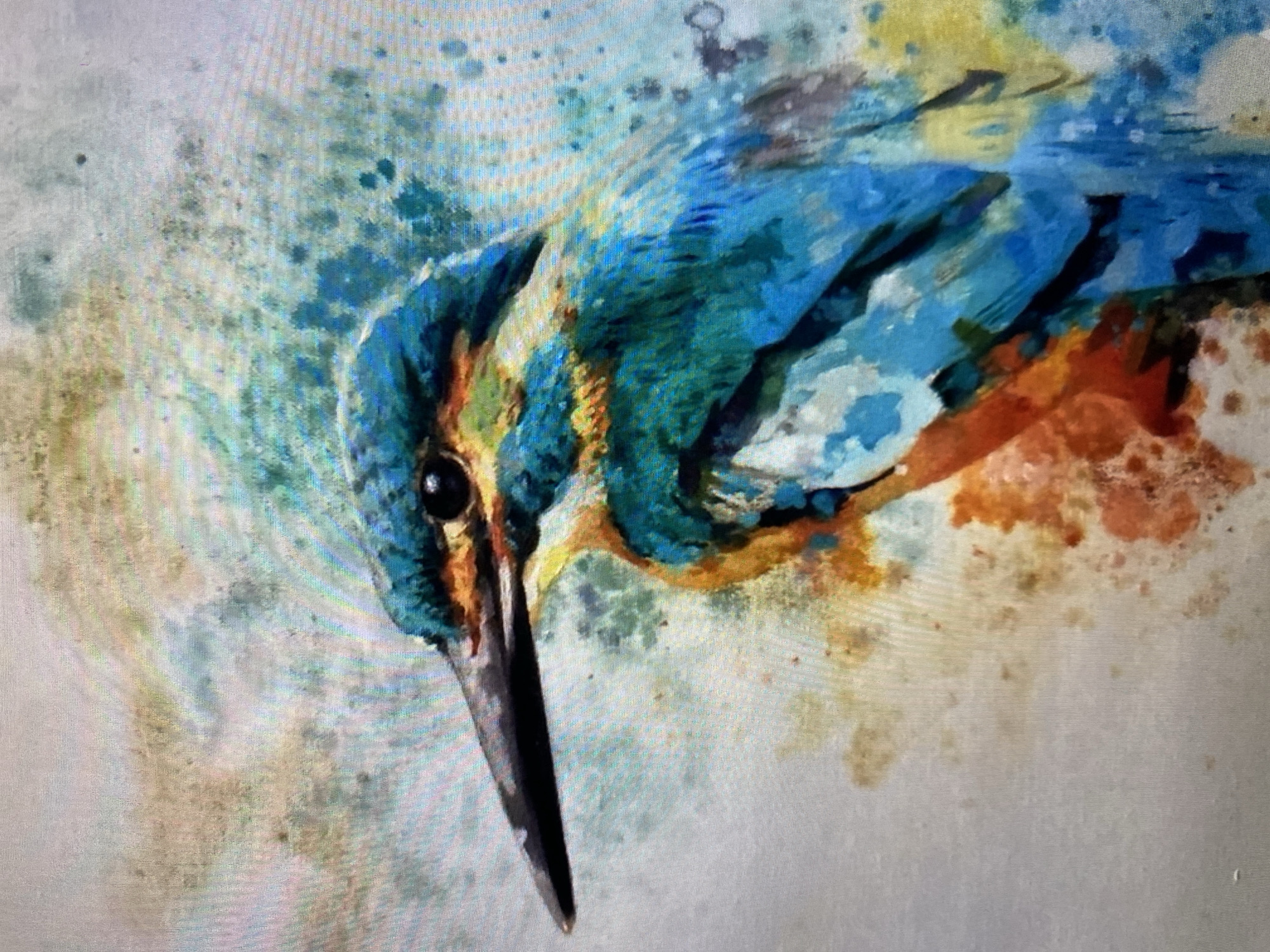 An artistic watercolor painting of a kingfisher bird is shown in profile, facing left. The bird's head and upper body are detailed, with vibrant blue, green, and orange colors. Its sharp beak is black and prominent. The background is abstract, with splashes of color that blend into a soft, mottled texture. The painting has a painterly feel, with visible brushstrokes and watercolor effects. The location is Unknown, Unknown.