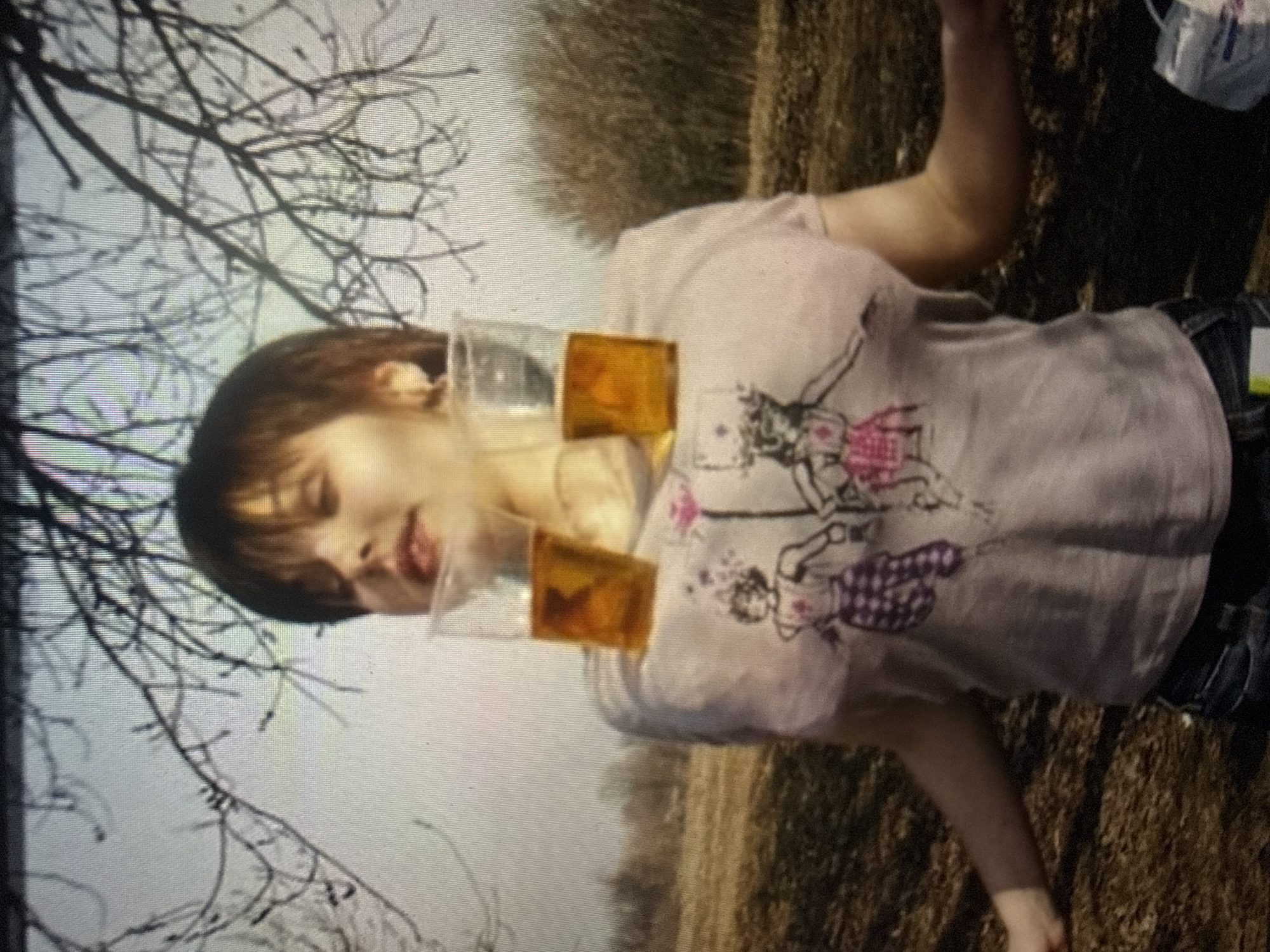 The image shows a young person outdoors, with bare branches from a tree overhead. The person is wearing a light-colored t-shirt with a graphic print and jeans. Two plastic cups filled with an amber liquid are balanced on the person's chest. The background appears to be a field with some distant trees. The lighting suggests it is daytime. There is no visible indication of the location being Tbilisi, Georgia.
