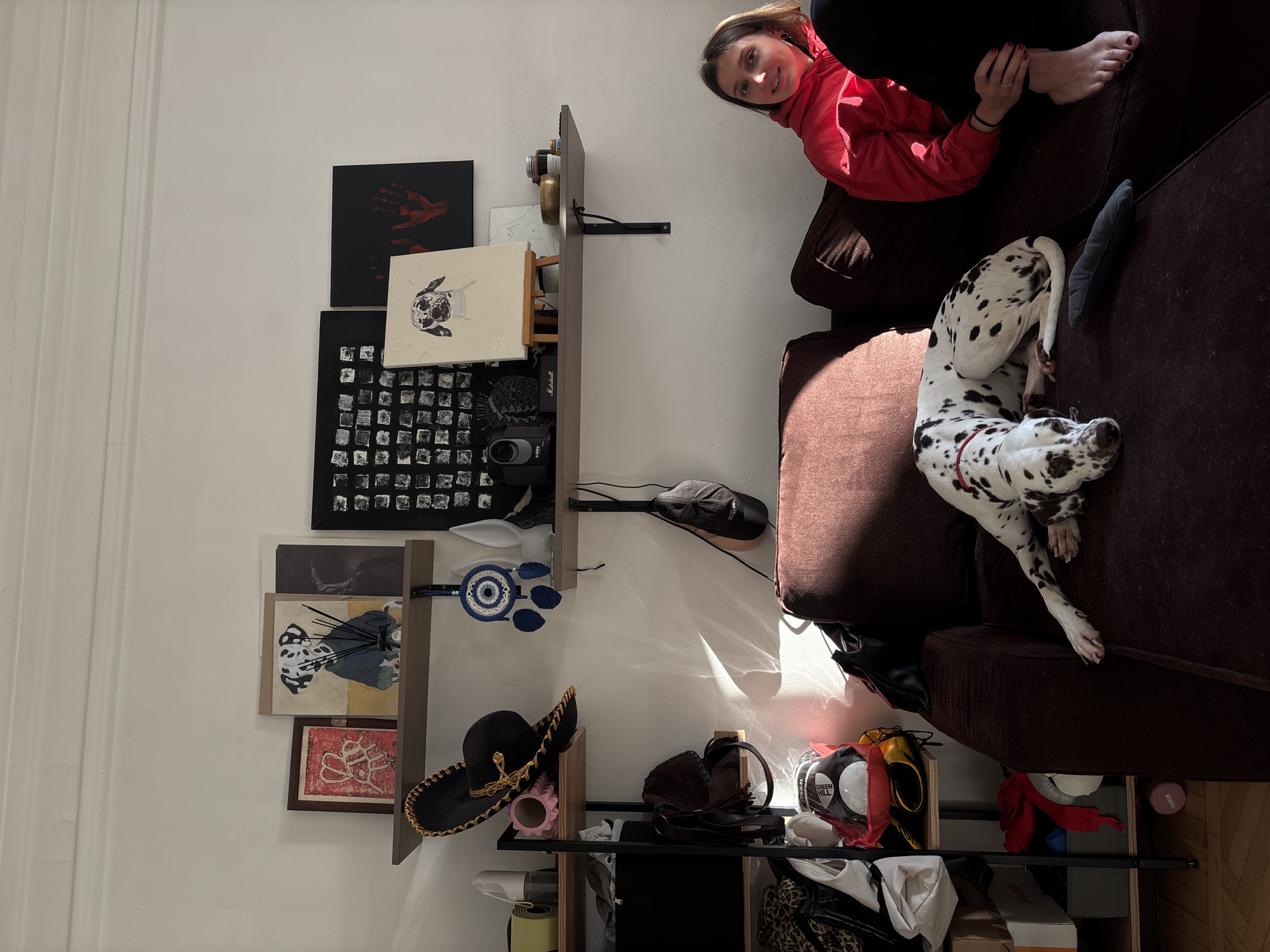 This image captures an indoor living space in Moscow, Russia, featuring one person and a Dalmatian dog. A young adult female, appearing to be in her 20s or early 30s, is seated on the right side of a dark brown fabric couch. She is wearing a bright red hooded sweatshirt and dark pants, with her bare feet visible. Her head is turned slightly left, and she is smiling faintly towards the camera. To her left on the same couch, a Dalmatian dog with white fur and black spots is lying down, resting with its head facing left. A red collar is visible on the dog. A small, dark gray oblong cushion rests on the couch between the woman and the dog. The background consists of a white wall with decorative crown molding along the top. Strong direct sunlight from an unseen source to the left casts distinct shadows and highlights across the wall and objects, illuminating parts of the couch and its occupants. To the far left of the image, a black metal shelving unit with wooden shelves holds various items. From top to bottom, these include a white cylindrical object (possibly a humidifier or diffuser), a roll of yellow tape, a clear bottle, a dark bag, a leopard-print bag, white shoes, a red mesh bag containing a white and black sports ball (labeled "GREENHILL"), a "Timberland" cardboard box, and a dark gray storage bin. A pink ball labeled "KONGA" rests on the wooden floor near the base of this unit. Two wall-mounted wooden shelves with black metal brackets are positioned centrally on the white wall. The upper shelf displays several artworks: a framed red abstract print, a larger framed painting of a Dalmatian dog in a blue shirt with diffuser sticks, and a dark framed piece. To the right, another section of this shelf holds a black square artwork with white patterns, a small white easel presenting a painting of a Dalmatian's head, and a black canvas depicting two red handprints. Additional items on this shelf include a white decorative object, a Marshall speaker, a Tribby speaker, a golden bowl, and two small containers. The lower wall shelf supports a black sombrero with gold trim, hanging down, and a blue and white circular dreamcatcher-like ornament, also hanging. A white rabbit-ear sculpture and a dark rectangular object are visible on this shelf. A black baseball cap is hanging from the