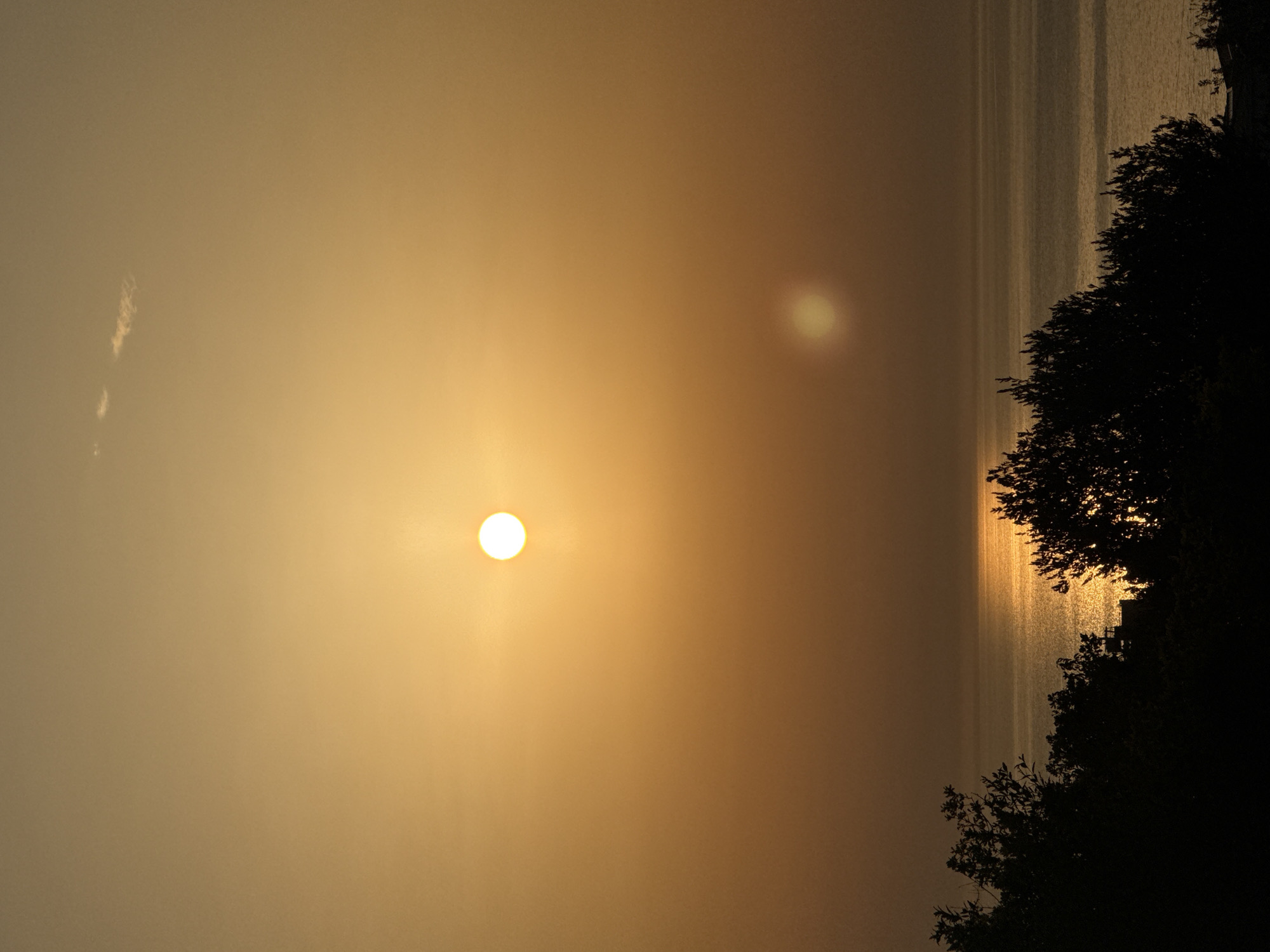 The image captures a serene sunset over a body of water. The sun, a bright orb, is positioned in the upper portion of the frame, casting a warm, golden glow across the sky and water. A faint reflection of the sun is visible lower down in the water, suggesting a hazy or misty atmosphere. Silhouetted trees and foliage frame the bottom of the image, creating a natural foreground. The water appears calm with subtle ripples reflecting the sunset's light. In the distance, a faint horizontal line suggests a distant shoreline or landmass. The overall mood is tranquil and peaceful, with the warm hues of the sunset dominating the scene. The location is unknown.
