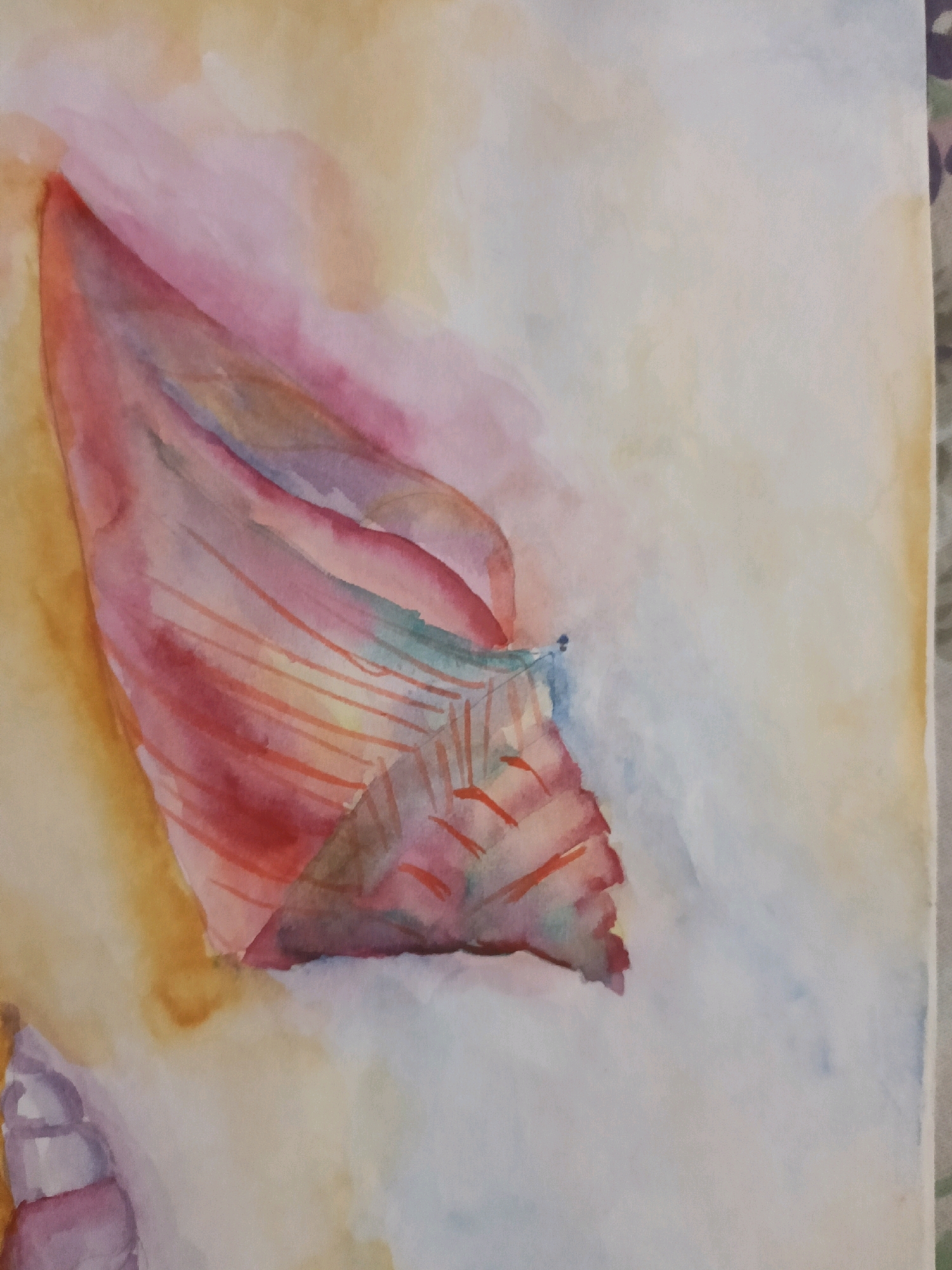 This is a close-up, overhead watercolor painting of what appears to be a seashell. The shell is depicted in shades of pink, red, orange, and blue, with visible brushstrokes and watercolor bleeding. The background is a soft wash of yellow and white, creating a gentle, ethereal feel. There is a hint of another shell in purple on the bottom left corner. The painting is abstract and impressionistic, focusing on color and texture rather than precise detail. The image does not depict any recognizable landmarks or features of Karnal, India.