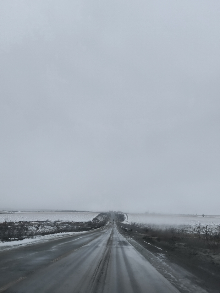 A long, straight, wet road stretches into the distance under a uniformly gray sky. Fields are visible on either side, lightly dusted with snow. Low-lying vegetation borders the road. The road surface reflects the diffused light, emphasizing the wetness. A few distant vehicles are visible on the road ahead. The overall scene evokes a sense of isolation and cold.