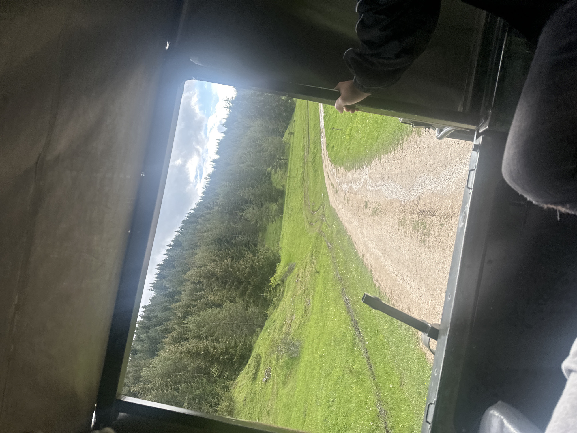 View from a vehicle in Iagodina, Bulgaria:
A dirt road winds through a green meadow adjacent to a dense forest. The sky is cloudy. An arm and part of a person's legs are visible within the dark vehicle. The person's hand is touching the door frame.