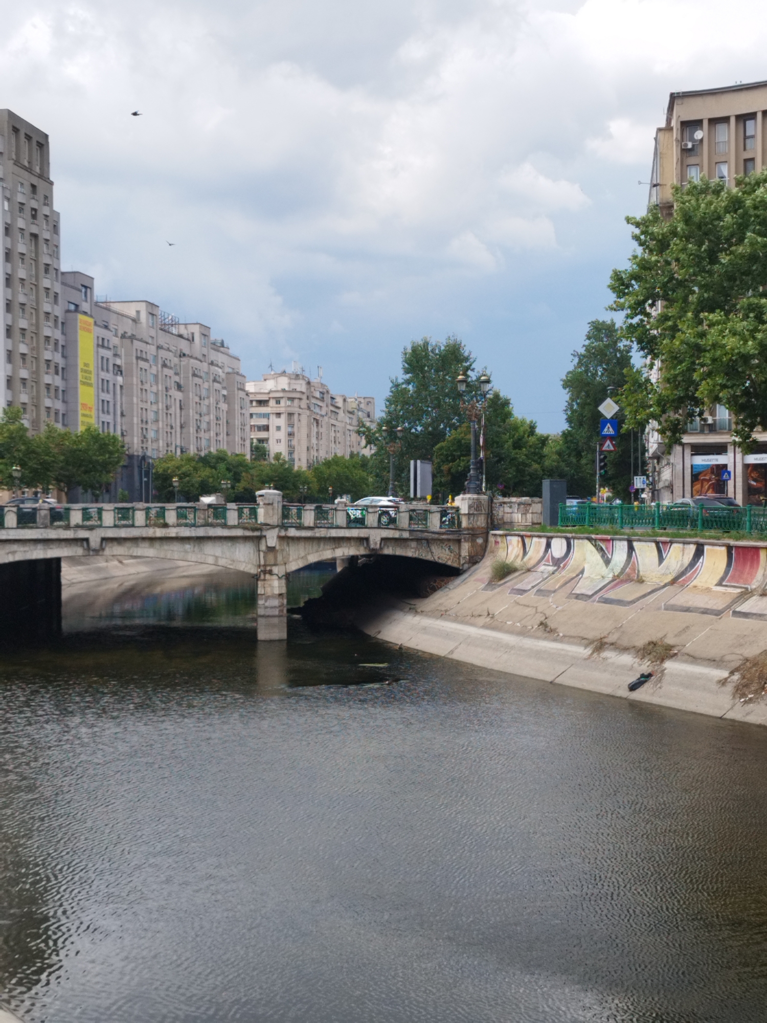 The image shows a canal in Bucharest, Romania, with a bridge spanning across it. On the left bank of the canal, there are several tall, multi-story buildings with a lot of windows and balconies. One of the buildings has a large yellow banner. On the right bank of the canal, there is a green metal fence with graffiti on the concrete embankment below it. The bridge is made of concrete and has decorative green railings. There are trees and streetlights visible along the banks and on the bridge. The water in the canal is dark and reflects the sky and the surrounding structures. A white car is visible on the bridge, and another car can be seen on the right side of the image. The sky is cloudy, with patches of blue peeking through. Two birds are flying in the sky. The scene appears to be an urban environment with a mix of architecture and natural elements.