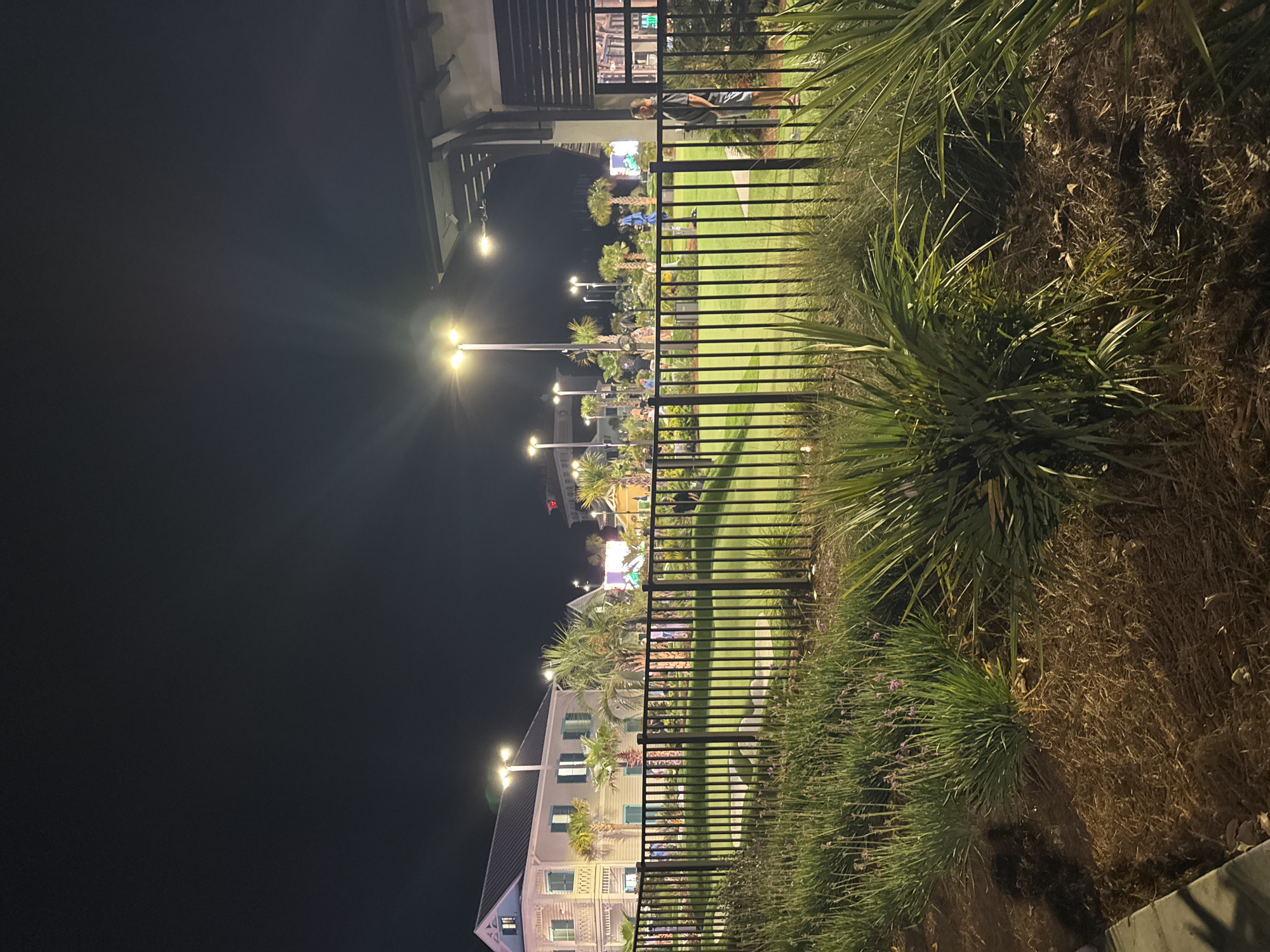 This image depicts a lively nighttime scene at a venue in Myrtle Beach, South Carolina, United States of America. In the foreground, a black metal fence separates the viewer from a manicured lawn and several palm trees, illuminated by bright overhead lights. Beyond the fence, people are seen scattered across the green, some standing and conversing, others appearing to be engaged in activities.
To the left, a light-colored, multi-story building with blue shutters and decorative trim is visible, suggesting a resort or entertainment establishment. The sky above is dark, indicating it is night. The overall ambiance is one of casual outdoor recreation and socializing.