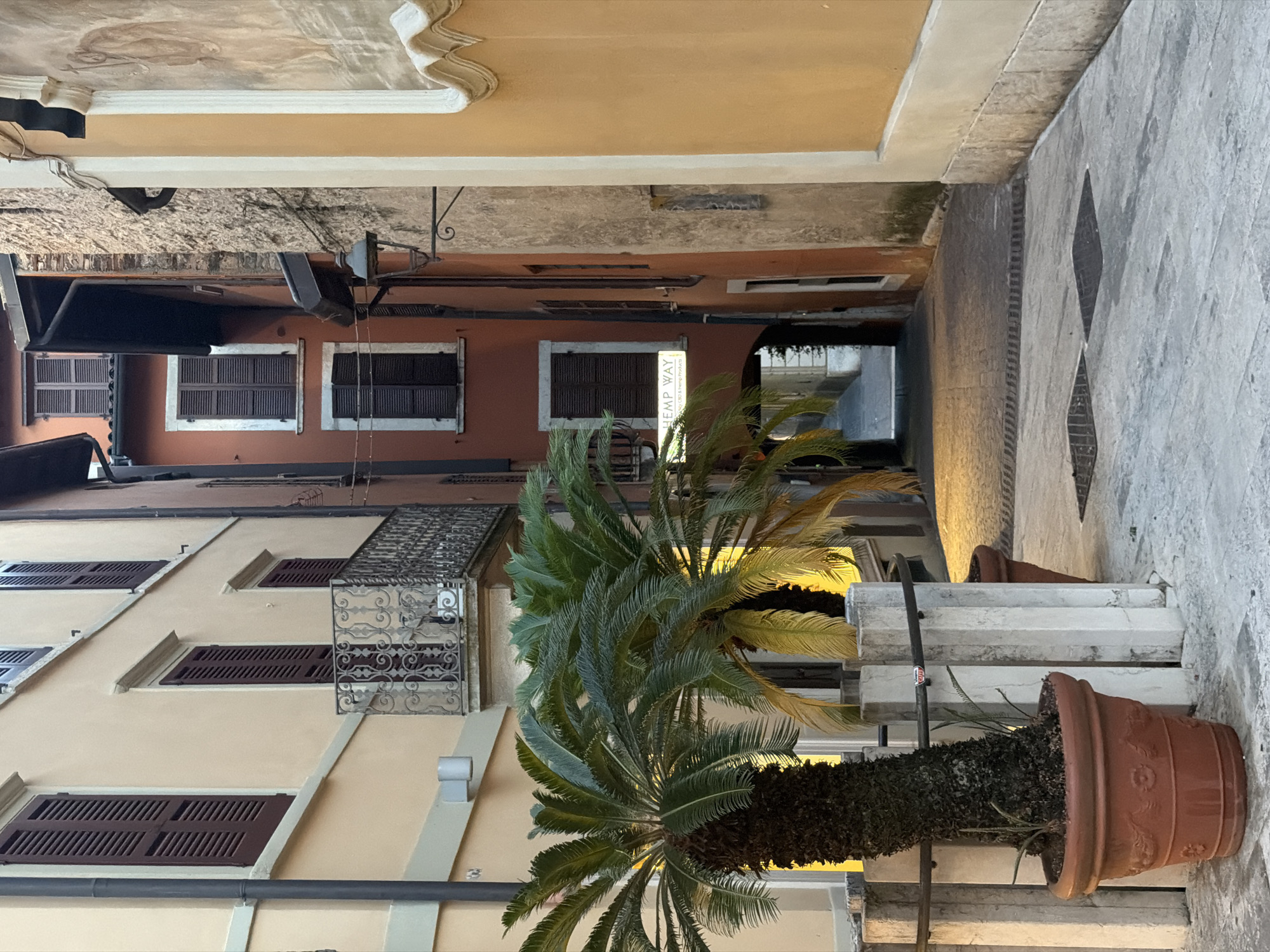 This image captures a narrow cobblestone alleyway in Salò, Italy. Two sago palm trees in large terracotta pots are prominently featured in the foreground, with their fronds illuminated by artificial light. The buildings flanking the alley display a warm, earthy color palette. The building on the left is a pale yellow with dark-shuttered windows and a decorative balcony. The building on the right is a rust-orange color, with textured stone walls and a gas lamp attached to its facade. A sign reading "HEMP WAY" with subtext indicating "Premium CBD & Hemp Products" is visible on the rust-orange building. The alleyway recedes into the distance, suggesting an archway or further passage. The ground is paved with light-colored cobblestones and features metal grates and diamond-shaped inlays. The overall impression is one of a quaint and charming European street scene.
