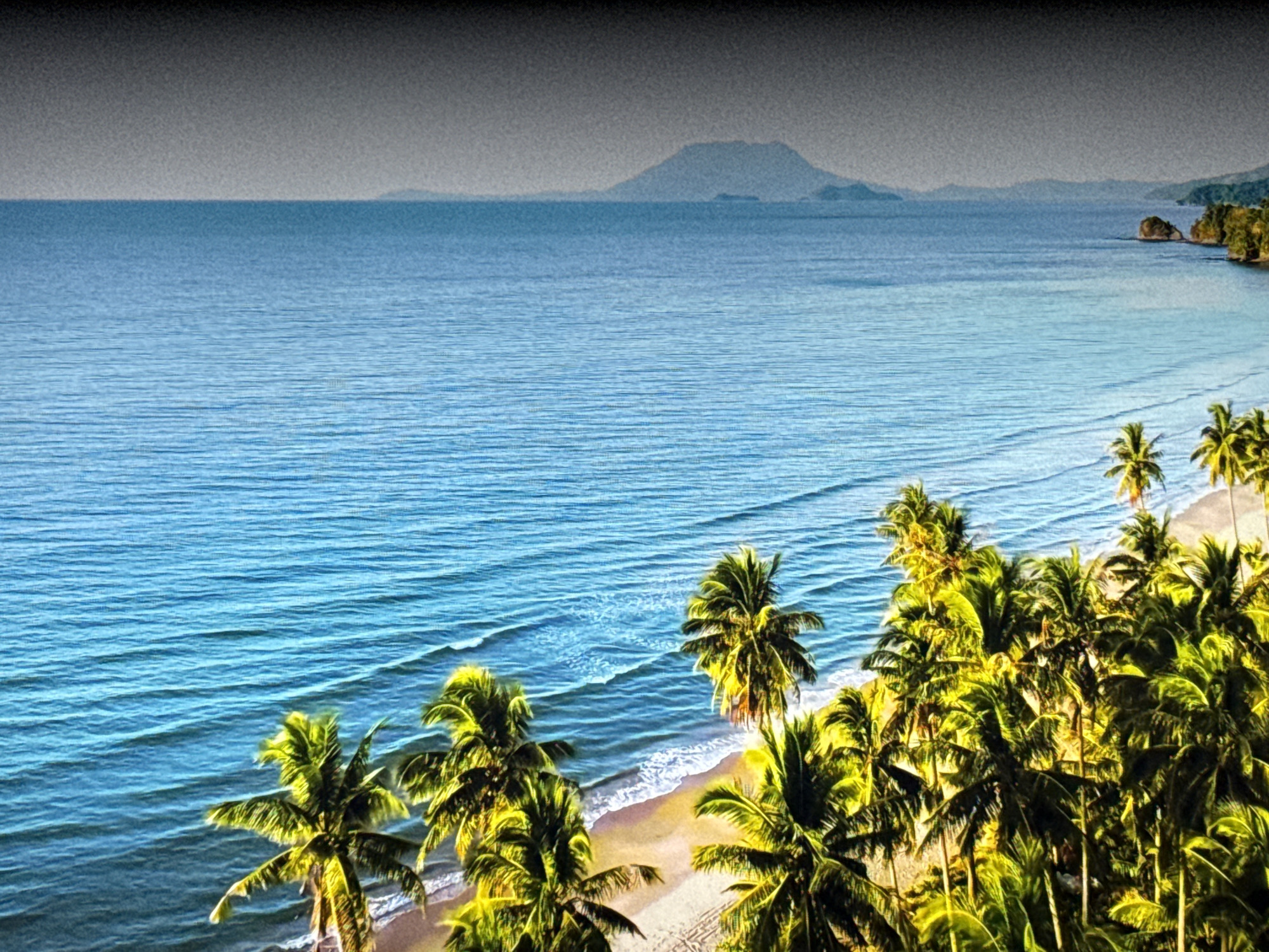 The image depicts a tropical beach scene with a vast expanse of blue ocean meeting a sandy shore lined with numerous palm trees. The water exhibits gentle waves and varying shades of blue, indicating a clear and calm sea. In the distance, a mountainous island or landmass is visible, shrouded in a hazy atmosphere. The foreground is dominated by lush green palm trees, their fronds casting shadows on the sand. The sky above is a muted gray, suggesting an overcast or early morning/late evening lighting condition. This scene is not located in Burgas, Bulgaria, as Burgas is a coastal city on the Black Sea and does not feature tropical palm trees.