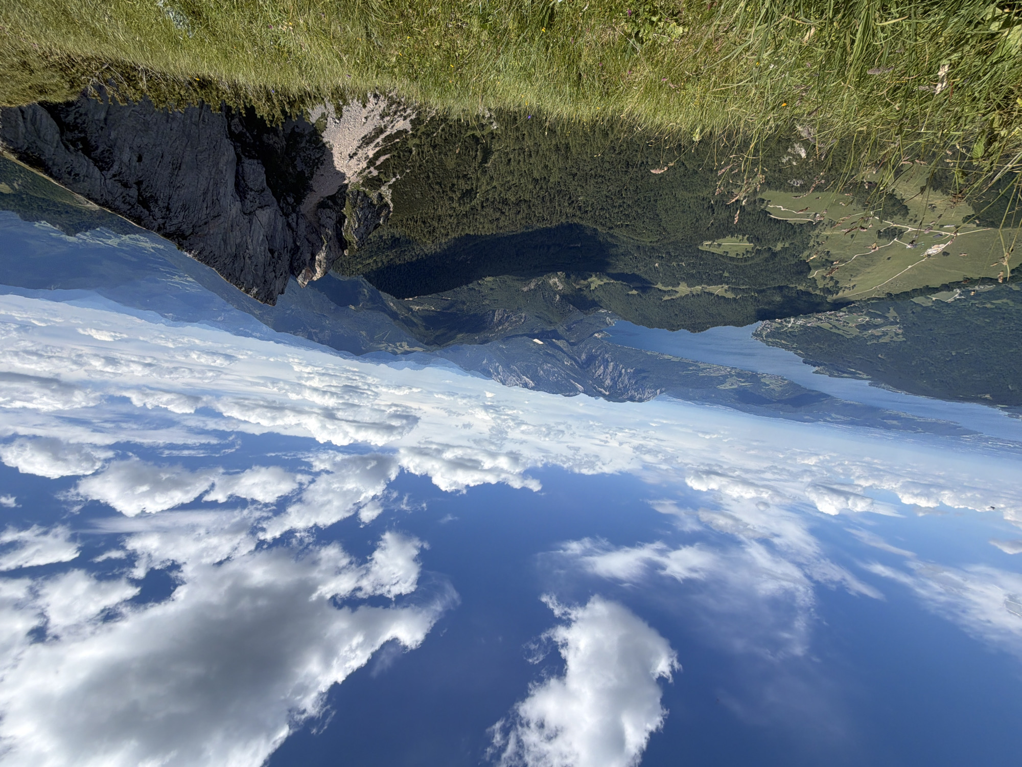 The image depicts a panoramic view from a mountain summit overlooking Sankt Gilgen, Austria. The foreground is dominated by tall, green grass with a few small wildflowers. Beyond the grass, the scene unfolds to reveal a vast mountainous landscape. A large, deep blue lake is visible in the mid-ground, with the town of Sankt Gilgen nestled along its shores. The lake is surrounded by rolling green hills and dense forests, which give way to more rugged, darker mountains in the distance. The sky is a vibrant blue, dotted with fluffy white clouds, suggesting fair weather. A steep, rocky mountain ridge juts out into the foreground on the right side of the image, adding a dramatic element to the otherwise serene vista. The overall impression is one of natural beauty and expansive, untouched wilderness.