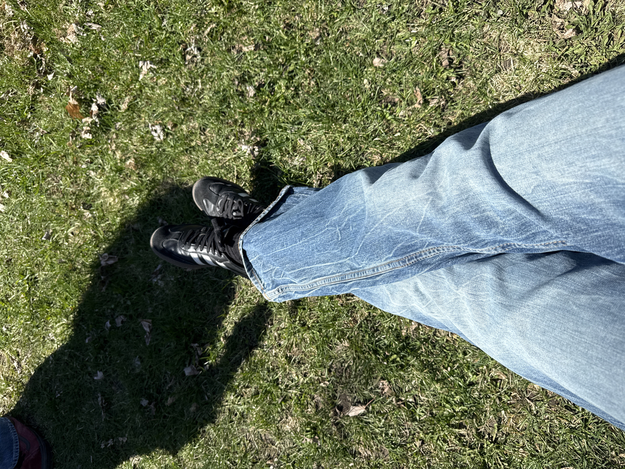 A high-angle, first-person perspective image captures a person's legs and feet on a grassy surface under bright sunlight. The prominent leg on the right is clad in light blue denim jeans, displaying distinct folds and fade patterns. Both feet wear black sneakers featuring visible white stripes or details on the sides.
The ground consists of green grass, mixed with patches of dry, lighter-colored grass and scattered brown and white dry leaves. This suggests either an early spring or late autumn setting, or a somewhat dry lawn.
A long, dark shadow of a person, presumably the photographer, is cast across the grass, extending from the bottom left corner towards the center. Within this shadow, a dark, possibly reddish-brown shoe or boot is partially visible at the bottom left.
The sharp, defined shadows indicate clear, sunny weather during the daytime, likely midday or early afternoon. The scene portrays a casual outdoor moment in a natural setting. No text is visible in the image. This scene is set in Montreal, Canada.