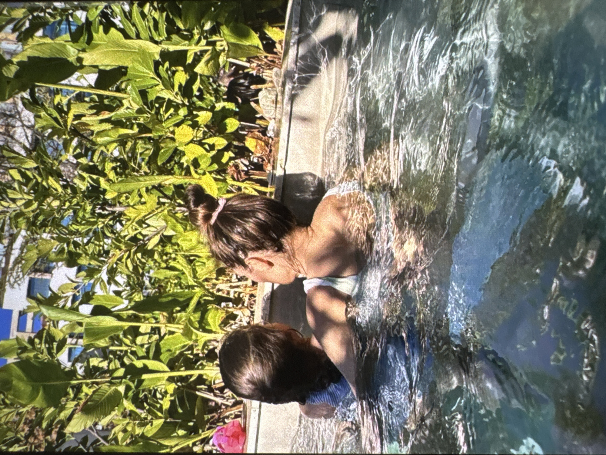 The scene captures two individuals in a body of water, likely a hot tub or small pool, within an outdoor setting in Vratsa, Bulgaria. The individual on the left, viewed from the back, possesses dark hair and wears a striped blue and white swimsuit top. The individual on the right, also viewed from the back, has dark hair secured in a top bun with a pink hair tie, and wears a light-colored swimsuit. Their right arm appears positioned near or against the left individual. The water is clear, shows surface ripples, and reflects strong sunlight. Behind the individuals, a grey concrete-like edge of the water feature is visible. The background is characterized by dense, lush green foliage comprising various large-leafed plants and shrubs, indicative of a garden environment under direct sunlight. A portion of a white building with blue window reflections is discernible through the vegetation in the upper background. A small pink object rests on the far left edge of the water feature.