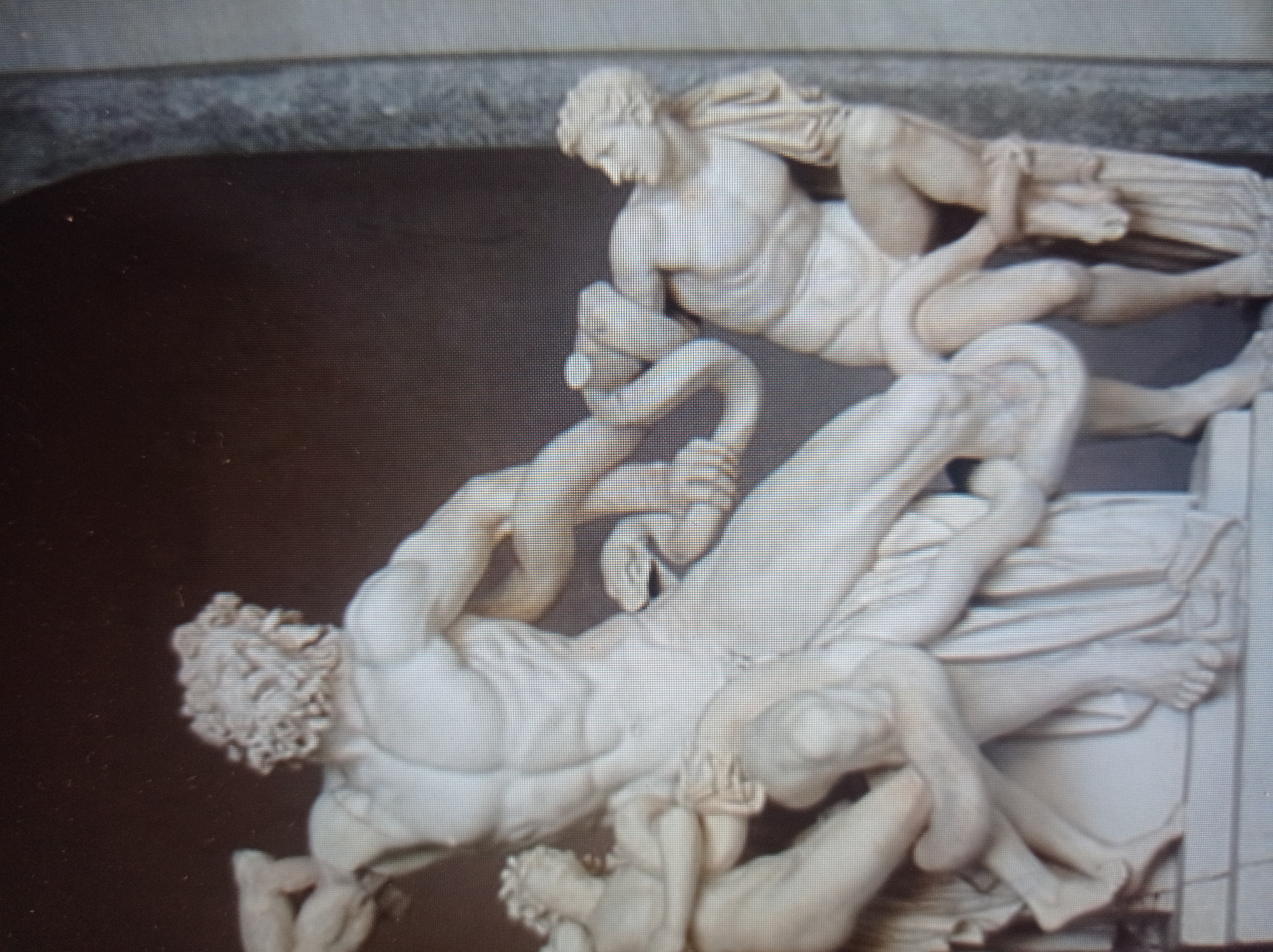 The image displays a classical sculpture of a muscular male figure battling two serpents. The central figure, depicted as a powerful man with a beard and intricate hair, is shown in a dynamic pose, struggling with one serpent coiled around his arms and torso. To his left, another, smaller male figure, possibly a child or a younger man, is also entwined with a serpent, appearing to be in distress. To the right of the central figure, a third, more mature male figure, draped in classical attire, appears to be observing or perhaps aiding in the struggle, with a serpent also around his legs. The sculpture is rendered in white marble and exhibits fine detailing in the musculature, drapery, and serpentine forms. The background is dark and somewhat out of focus, suggesting an indoor setting or an area with limited light, possibly a museum or a historical site. The overall scene conveys a sense of intense struggle and mythological drama. The provided information states this is located in Mukachevo, Ukraine, however, this artwork is known as "Laocoön and His Sons" and is located in the Vatican Museums in Rome, Italy.