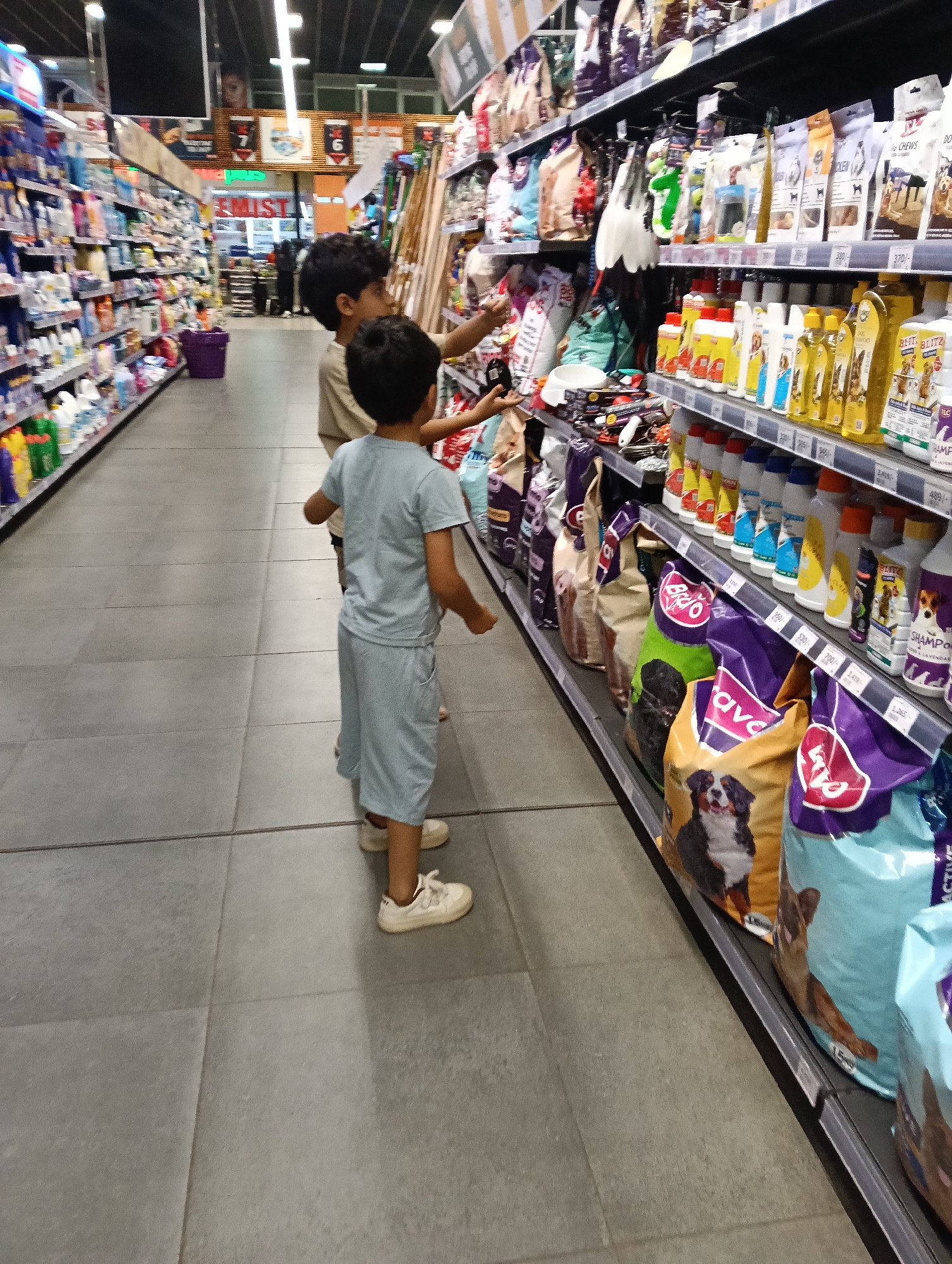 Two boys stand in a supermarket aisle, likely in Nairobi, Kenya, examining pet food and supplies on the shelves. The aisle is filled with various products, including dog food bags and grooming supplies. The boys are reaching toward the items on the shelves. One is wearing a beige shirt, and the other is wearing a light blue outfit. The floor is tiled in gray. Overhead lighting is visible. Shelves are stocked. There are signs for prices.