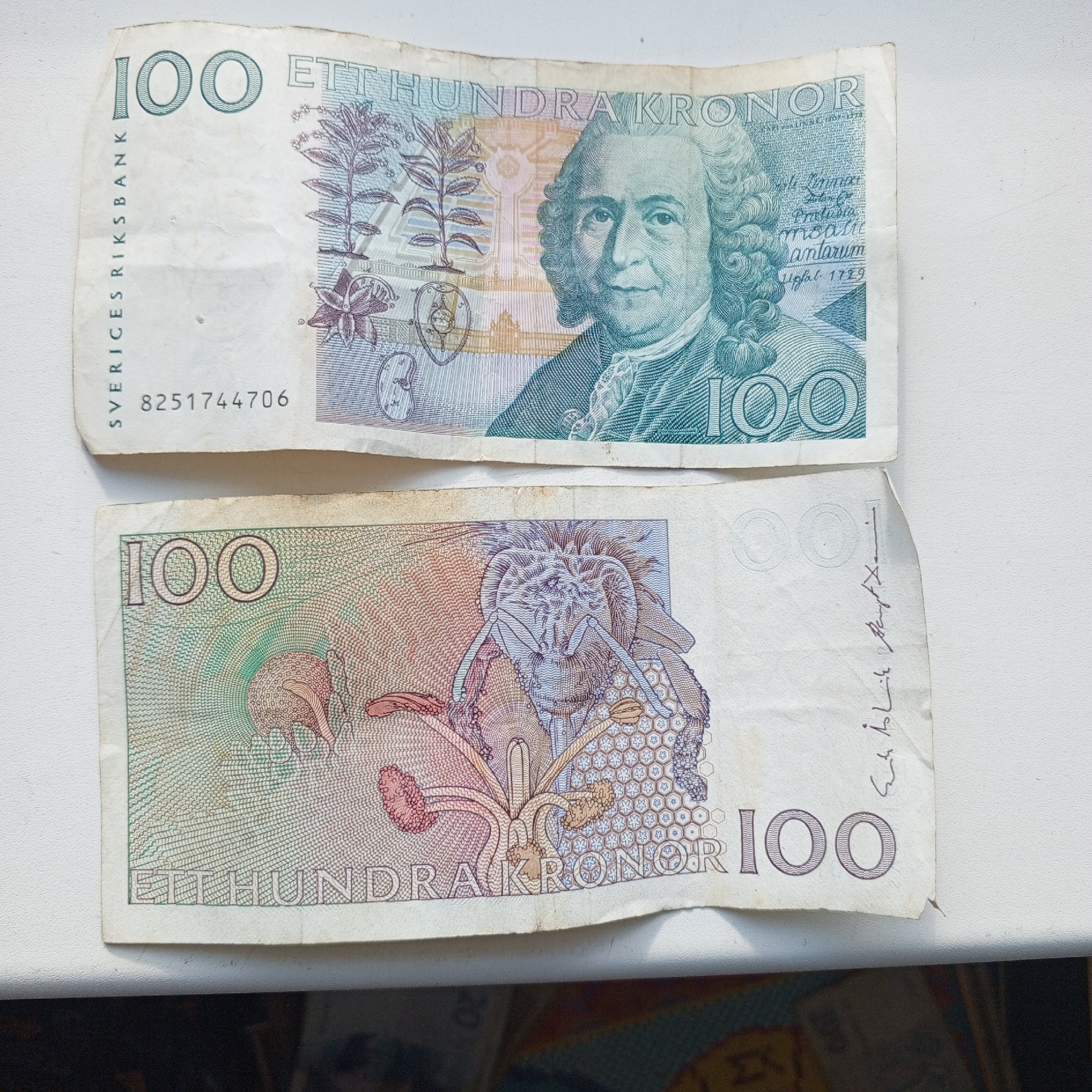 The image shows two Swedish 100 kronor banknotes, stacked one on top of the other. The top banknote features a portrait of Carl Linnaeus and botanical illustrations. The bottom banknote depicts an insect, likely a bee, and other floral elements. Both banknotes display the denomination "100" and the text "ETTHUNDRA KRONOR" (one hundred kronor). There is no indication of the city of Sayanogorsk, Russia, in the image or its context. The banknotes appear to be placed on a white surface, possibly a table or shelf, with a darker background visible in the lower part of the image.