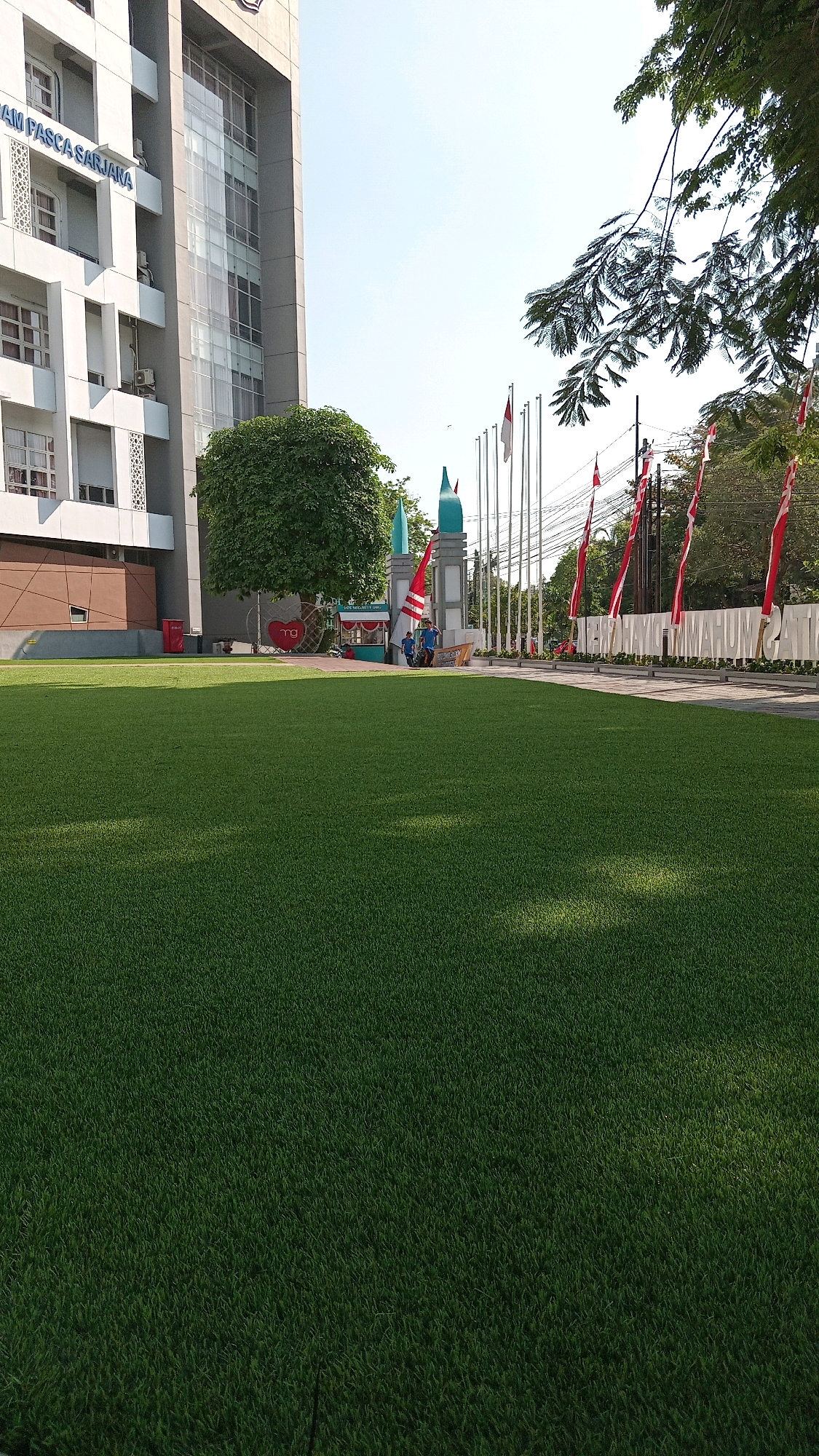 The image depicts an outdoor scene in Randuagung, Indonesia, dominated by a vast expanse of neatly manicured artificial grass in the foreground. To the left, a multi-story modern building with white and grey facades stands prominently, featuring numerous windows and balconies. In the middle ground, a large green tree provides a natural element against the architectural structures. Behind the tree, a decorative red heart sign is visible, along with some small kiosk-like structures and a few individuals. Further back, a row of flagpoles with Indonesian flags and red banners stretches across the scene, with a large white sign reading "Gedung Gymnasium 2018" at the far right. The sky is clear and bright blue, suggesting a sunny day. The overall impression is of a well-maintained public space or university campus.