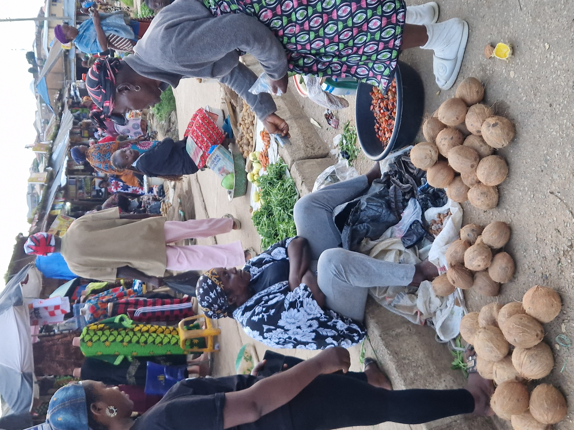 In an outdoor marketplace in Unknown, Unknown, a woman wearing a black and white floral jacket and grey pants sits on a concrete curb, facing right. Her arms are crossed, and she appears to be conversing with another person out of frame. In front of her, on the ground, are several coconuts. To her right, a woman wearing a grey top and a colorful patterned skirt stands, holding a small plastic bag and looking down. She is positioned next to a large black bowl filled with small, reddish-brown objects, likely nuts or seeds, and a pile of green vegetables and carrots. In the background, stalls with various goods, including clothing and other produce, are visible, as are other people shopping and selling. The ground is paved with a textured surface.
