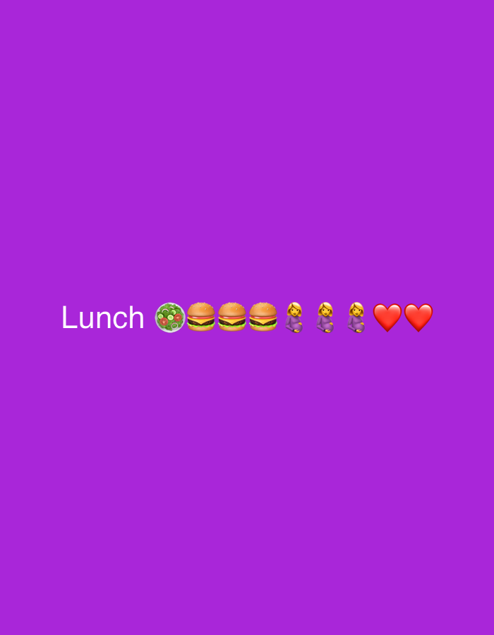 The image displays a digital composition set against a solid, vibrant purple background. There are no discernible real-world elements such as a stadium, weather, or specific location cues; thus, the provided "New Stadium, Nigeria" context is not visually supported by the image content.
The primary subjects are text and emojis, arranged horizontally across the lower central portion of the frame. On the far left, the word "Lunch" is visible in white, sans-serif font. To its right, a sequence of emojis begins with a bowl of salad (๐ฅ), followed by three identical hamburger emojis (๐). Next in the sequence are three identical emojis depicting a woman kneeling (๐งโโ๏ธ), dressed in a purple outfit that blends with the background. The arrangement concludes with two red heart emojis (โค๏ธ) on the far right.
There is no activity or event taking place; the elements are static symbols. The combination of the word "Lunch" with food emojis suggests a meal-related theme, but without any dynamic representation. The kneeling women and red hearts introduce additional symbolic elements, but their specific narrative connection to "Lunch" or to each other is not explicitly conveyed. The image is devoid of human interaction, time of day indications, or any specific setting beyond the plain purple digital canvas.