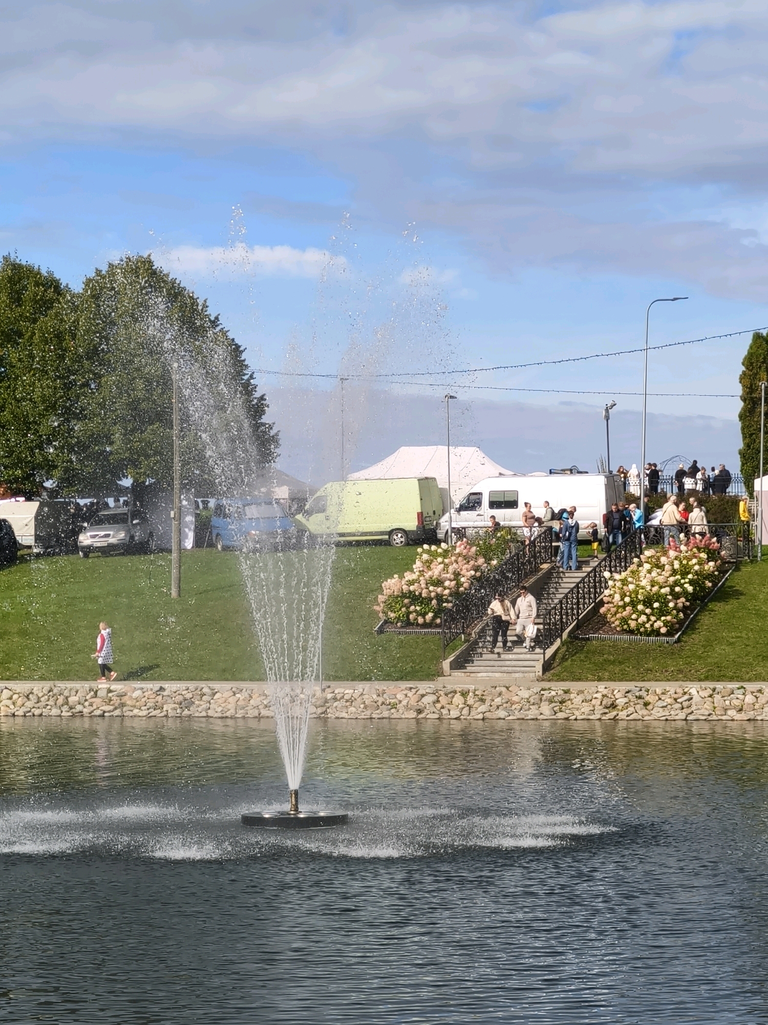 The image depicts a sunny day scene by a body of water, featuring a fountain in the foreground. In the background, a grassy embankment is lined with large bushes of flowering hydrangeas, with a stone-edged walkway and a set of stairs leading up to a gathering of people. Several vehicles, including vans and a car, are parked on the grass. A street light and some decorative string lights are visible. The sky is blue with scattered clouds. The location is confirmed as Maardu City, Estonia.
