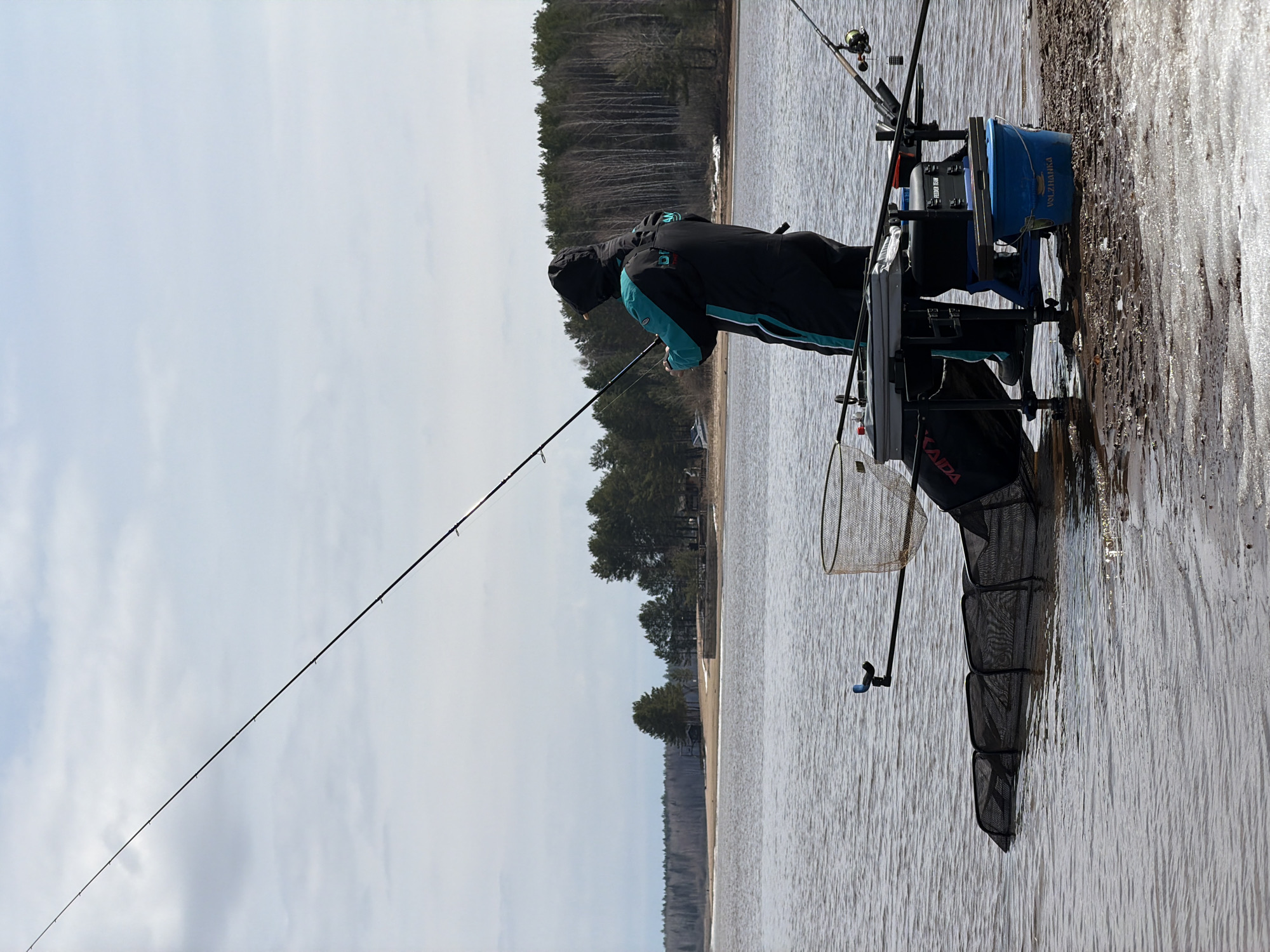 An outdoor scene captures a person engaged in fishing by a wide body of water, likely a lake or large river, in what appears to be a cold climate, possibly early spring in Chaykovsky, Russia.
The central subject is a person, dressed in a black and teal hooded jacket and dark trousers, leaning forward intently, holding a fishing rod. They are positioned on a specialized fishing station or chair setup, which is equipped with various accessories. Two fishing rods extend towards the water, with the one in the person's hand pointing out across the body of water. Another rod is mounted vertically on the station.
The fishing setup includes a blue bucket with the brand name "VOLZHARKA" visible, suggesting a Russian brand. The fishing station itself has visible text like "K.O.I. D.A." (likely "KOIDA") and "KAIDA" on a black fabric component, possibly a keepnet or part of the seat. A large, dark-colored keepnet, designed to hold fish, extends into the water from the station. A smaller, round landing net is also visible nearby. The fisherman's jacket bears some logos, including what appears to be "PROFI" or "PRESTON."
The environment suggests a cool, overcast day. The sky is predominantly light gray with some cloud formations. The shoreline immediately in front of the fisherman is a mix of muddy earth and patches of ice or frozen ground, indicating melting conditions. The water has a slightly choppy surface with ripples. On the distant shore, a dense forest with mostly bare deciduous trees and some evergreens stretches along the horizon, with a few buildings or structures partially visible. The overall atmosphere is one of focused concentration on the fishing activity amidst a tranquil, natural setting.