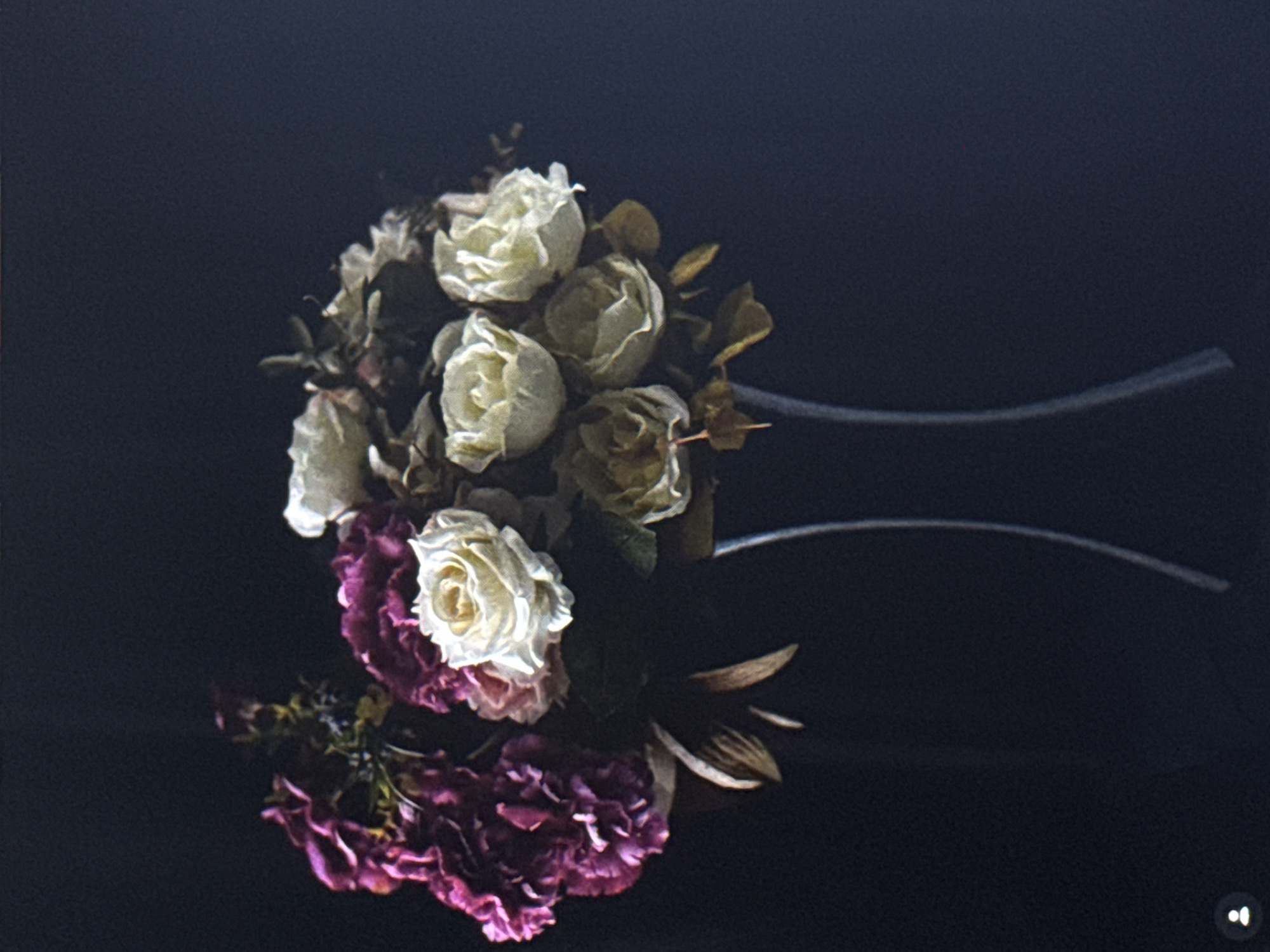 The image shows a close-up, dimly lit still life of a bouquet of flowers. The bouquet contains several white and cream-colored roses, some appearing to be slightly aged, interspersed with darker, possibly purple or deep pink flowers that resemble carnations or peonies. The flowers are arranged in a dense cluster, with some greenery and dried leaves also visible. Two thin, curved metallic or plastic stems extend from the bouquet towards the right side of the frame, suggesting the bouquet might be part of a larger arrangement or decoration, perhaps a centerpiece or part of a corsage.
The background is a dark, solid color, likely black or a very deep navy, which creates a dramatic contrast and isolates the floral subjects. The lighting is subdued, casting soft shadows and highlighting the textures of the petals and leaves. The overall mood is somewhat melancholic or romantic, due to the lighting and the slightly faded appearance of some of the flowers.
There is no visible text or indication of a specific time of day or weather. The location context of Eyüpsultan, Turkey, does not provide specific visual cues within the image itself. The composition focuses entirely on the texture, form, and subdued colors of the flowers against a dark backdrop. There are no people or other objects clearly depicted. The metallic stems are the only non-floral element of significant visual presence.