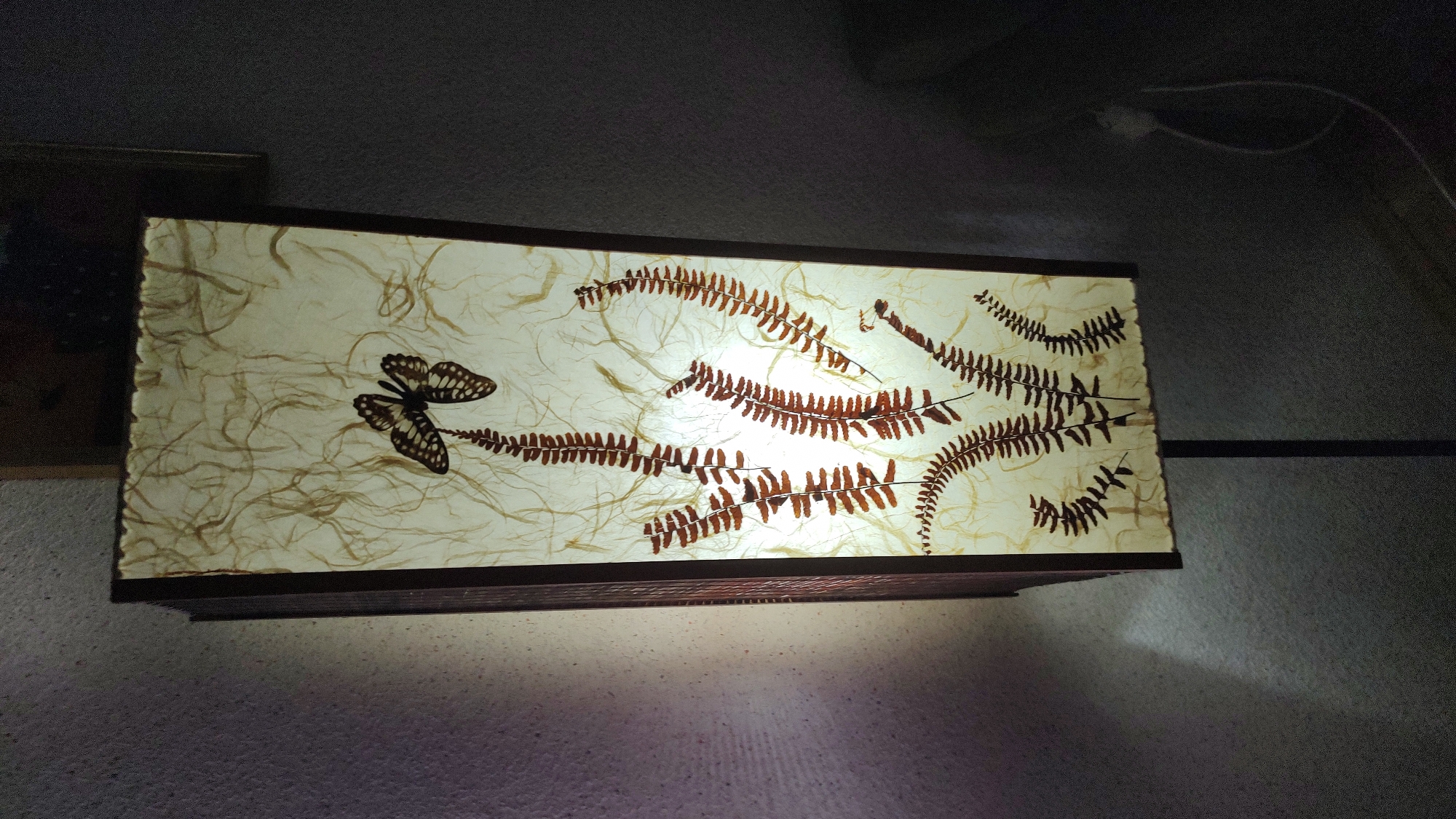 The image shows a tall, rectangular lamp with a translucent, textured shade. The shade is decorated with brown fern fronds and a brown and white butterfly. The lamp is lit from within, casting a warm glow. The lamp stands on a thin, dark metal pole. The background is a wall with a textured pattern. To the right of the lamp, a white electrical cord is visible. The scene appears to be indoors, possibly in a home. There is no discernible location in the city of Allendorf, Germany.