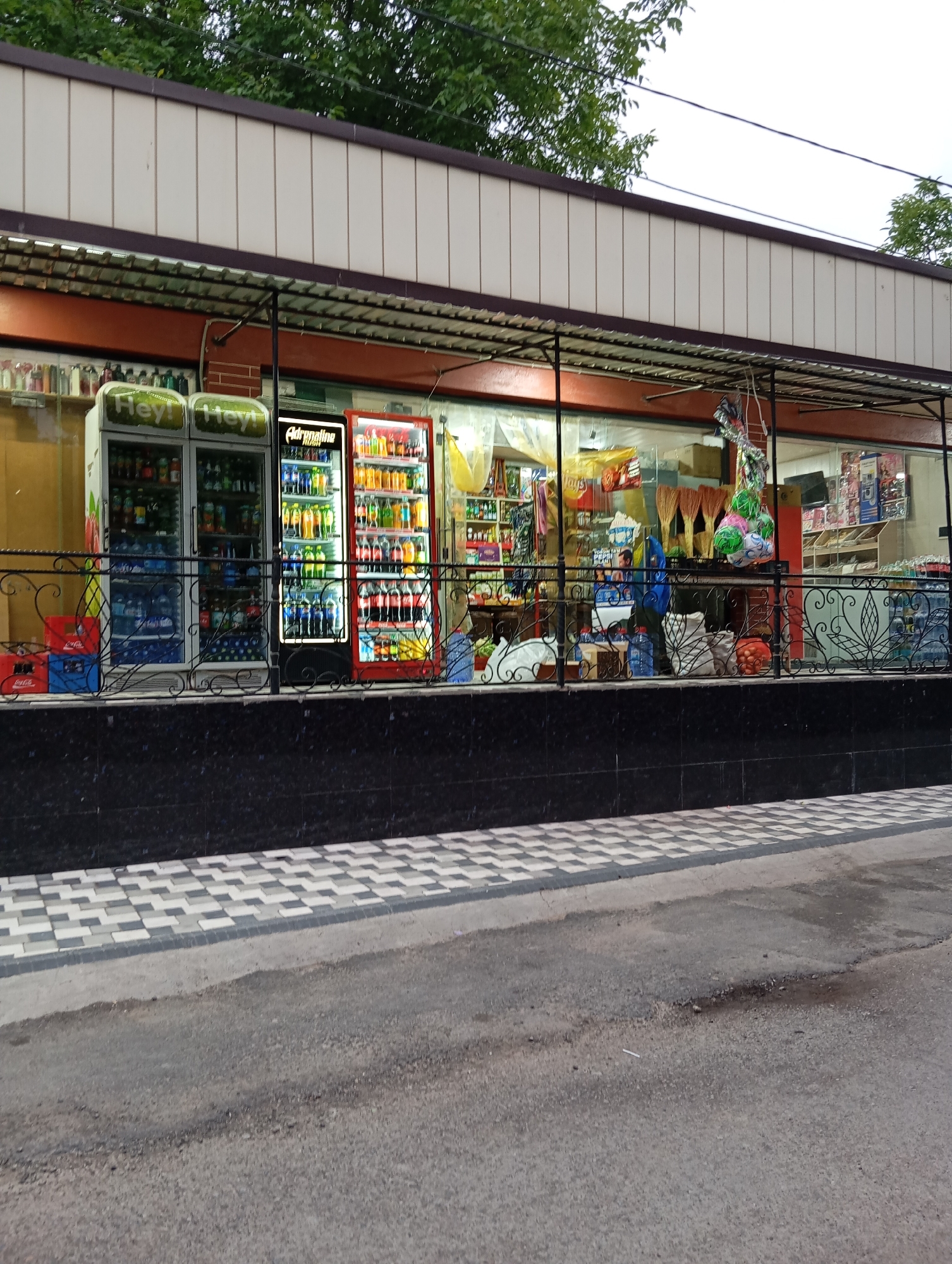 A small grocery store in Yukariyuz, Uzbekistan is captured from across the street. The store front is protected by an overhang, below which there are large glass windows. Several refrigerated cases stocked with drinks are visible. Behind the refrigerated cases are shelves stocked with items like food and household supplies. A decorative wrought iron railing runs along the front of the store. The store front is painted in black and white tiles. In the background are green trees and utility lines. The street is gray and cracked.