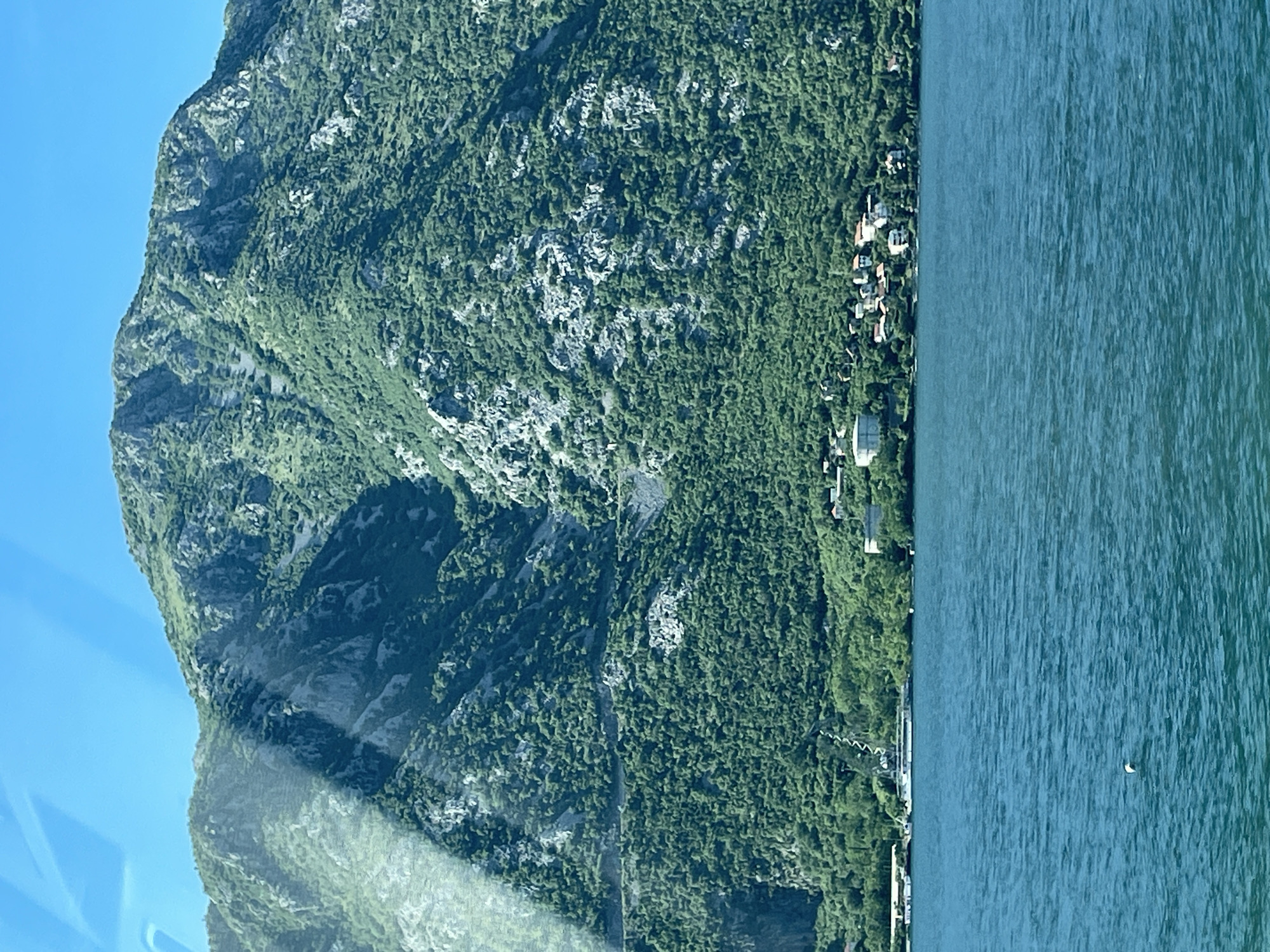 The image shows a mountain covered in dense green vegetation, transitioning to a shoreline with scattered buildings, and finally the blue water of Kotor Bay. The location is likely Kostanjica, Montenegro, given the mountain terrain along the bay. No people are visible. A few boats are docked along the shoreline.