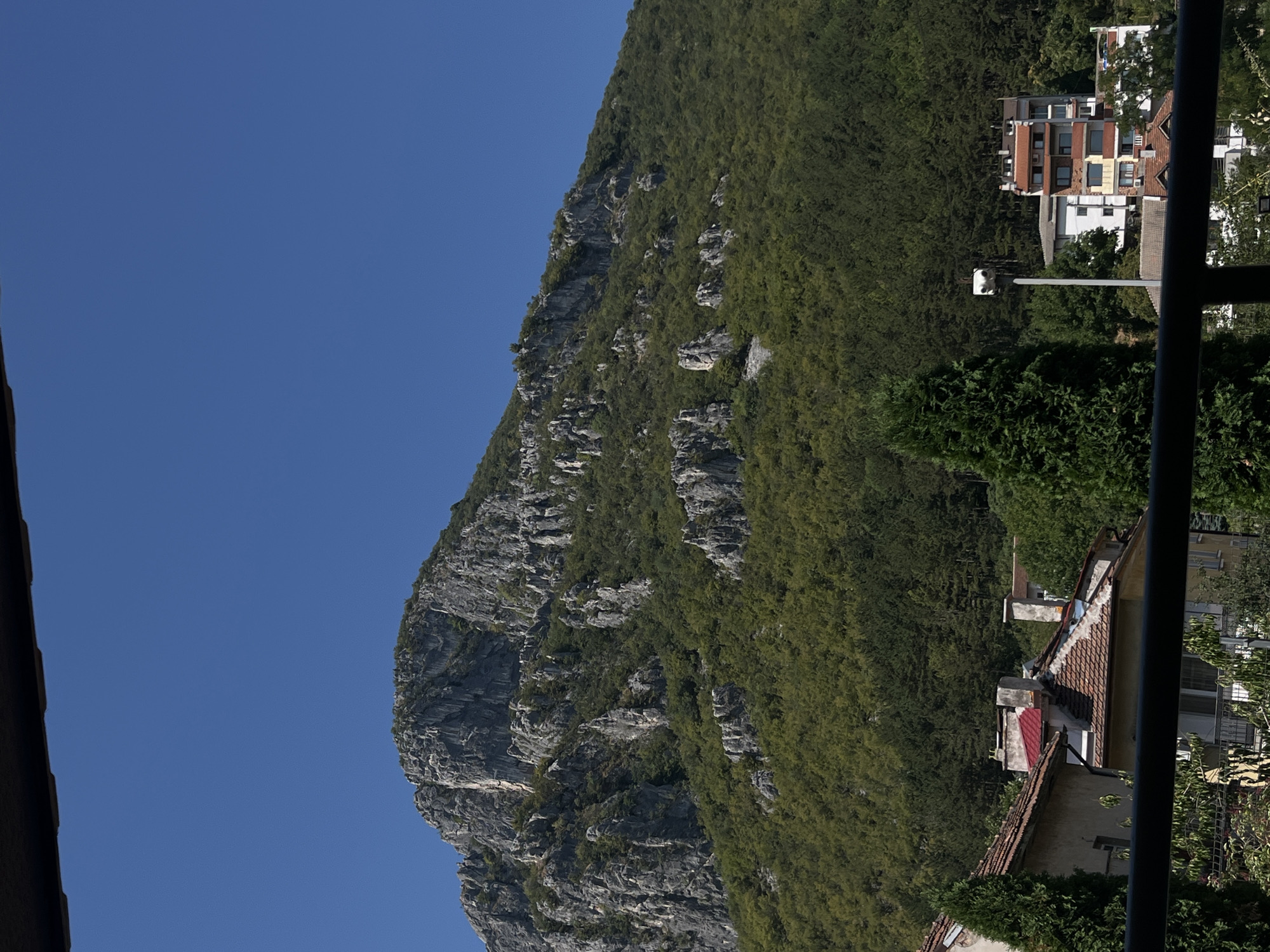 The image shows a view of Vratsa, Bulgaria, dominated by a large, rocky mountain covered in lush green trees. The mountain has a rugged, textured appearance with exposed rock faces and numerous sharp peaks. The lower slopes of the mountain are densely forested. In the foreground, several buildings with tiled roofs are visible, suggesting a residential area. One building has a red-tiled roof. A street lamp with a security camera attached is also visible. The sky is a clear, bright blue. The overall scene depicts a natural landscape juxtaposed with a built environment.