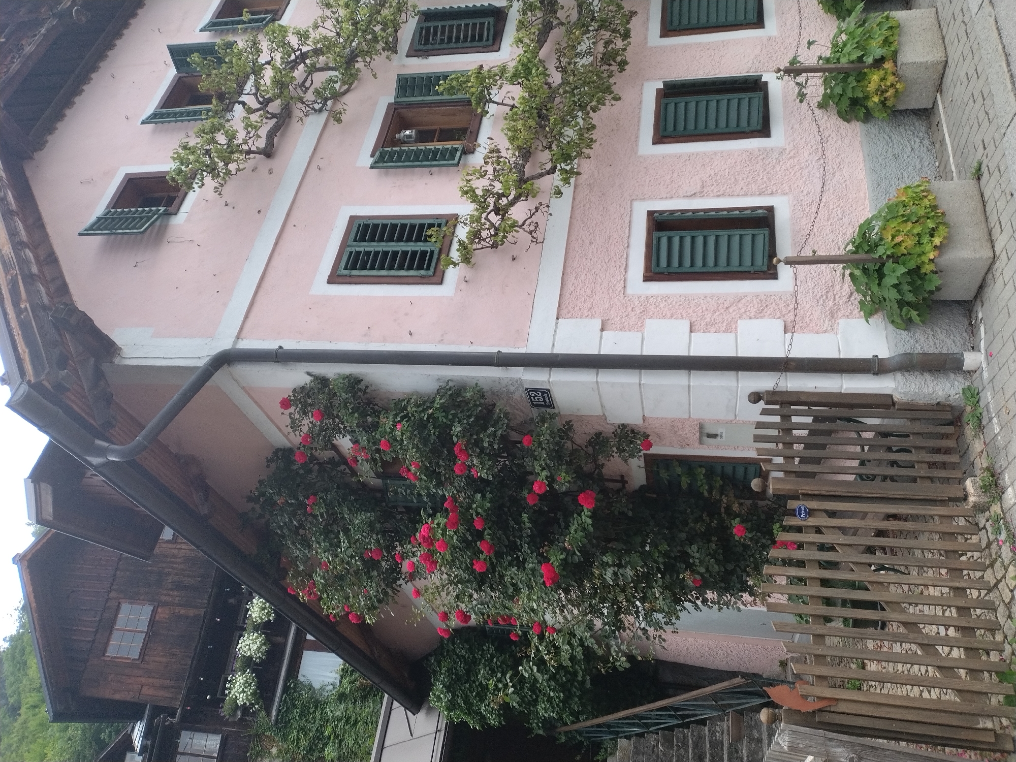 The image shows a multi-story building in Hallstatt, Austria. The building has a pink stucco facade and dark green shutters on its windows. A large rose bush with red flowers climbs the side of the building. To the left, there are stairs leading up to another building with a wooden facade and white flowers in window boxes. A wooden fence is in the foreground, with a "Privat" sign attached to one of the posts. The ground is paved with cobblestones. There are no people visible in the image.