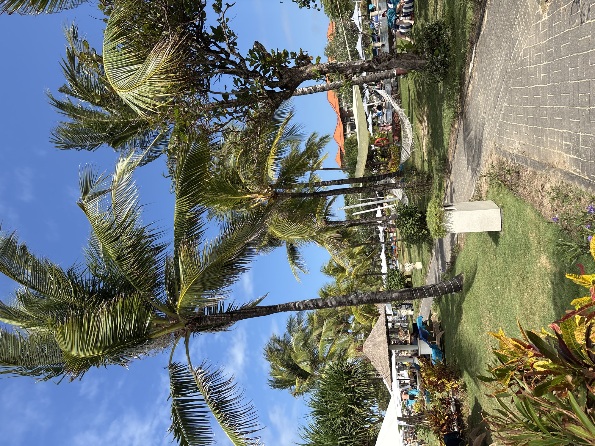 The image depicts a sunny day at a resort in Kuta Selatan, Indonesia, likely part of a hotel or beach club. Palm trees dominate the foreground and midground, their fronds rustling in the breeze against a clear blue sky with scattered clouds. A paved walkway winds through the scene, bordered by well-maintained green grass. In the background, several thatched-roof huts and white umbrellas offer shade over lounge chairs, some of which are occupied by people relaxing. Hammocks are strung between trees, adding to the leisurely atmosphere. The resort appears to have multiple buildings with orange tiled roofs visible further in the distance. Lush tropical foliage, including colorful plants, is interspersed throughout the grounds, enhancing the resort's tropical ambiance. The scene conveys a sense of vacation and relaxation in a beautiful coastal environment.