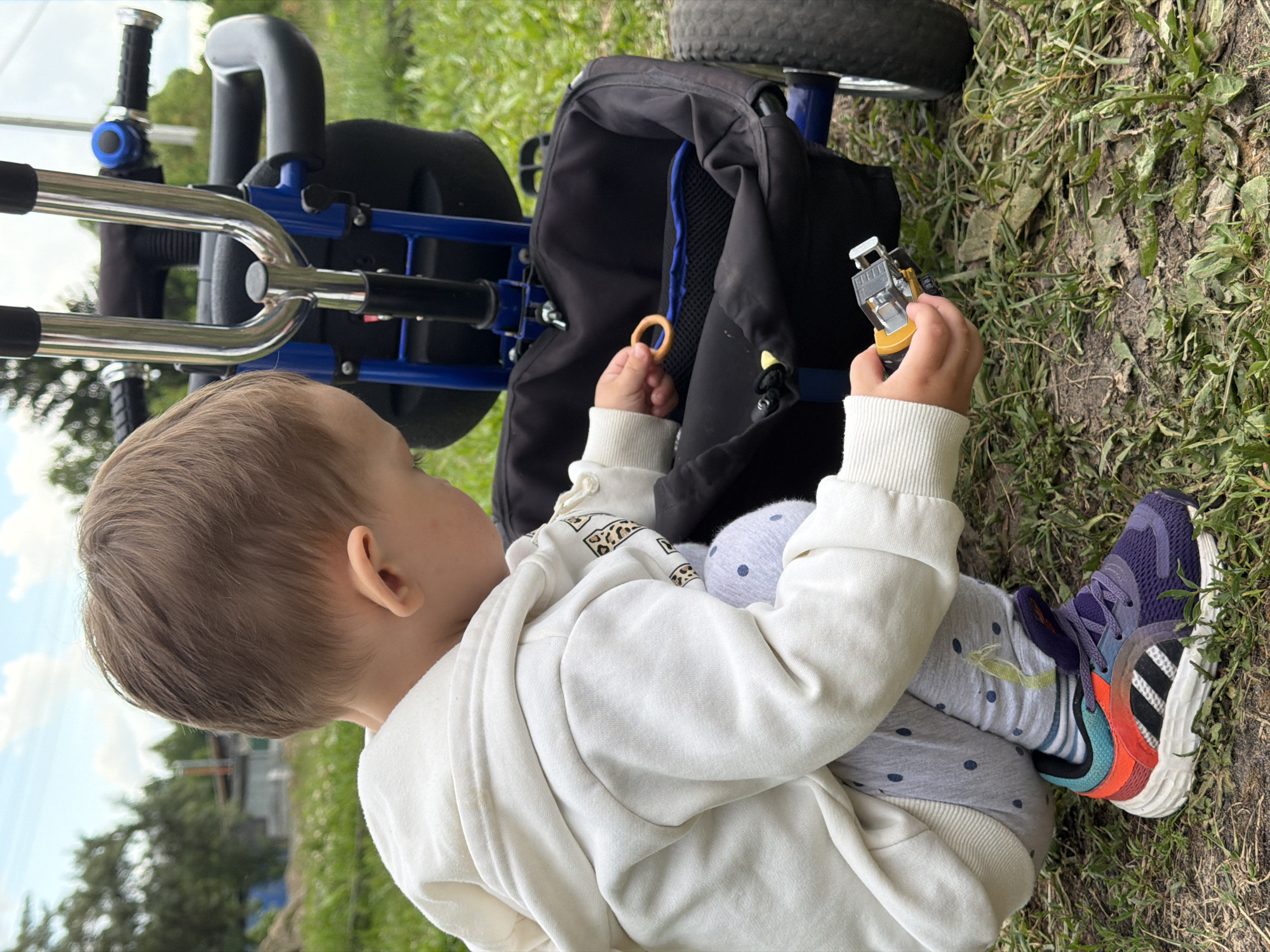 A young child, viewed from the side and slightly from behind, is crouching on the grass next to a blue and black tricycle. The child is wearing a cream-colored hooded sweatshirt with leopard print accents on the sleeves, and gray pants with a polka dot pattern. The child's right hand is reaching into the tricycle's storage basket, holding a small orange ring, while their left hand holds a yellow toy truck. The background shows a slightly overgrown green lawn with some patches of dirt and dry leaves, and in the distance, blurred trees and a structure that might be a building or shed. The sky is partly cloudy. This scene is taking place outdoors, likely in a backyard or park area within or near the settlement of Красный Маяк, Russia.