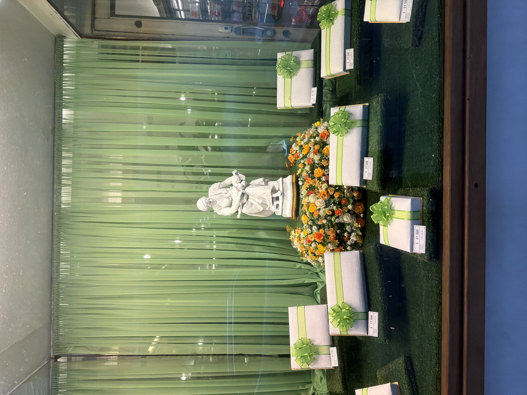 This image captures a shop window display, likely in Buenos Aires, Argentina, featuring a carefully arranged collection of decorative items and potential merchandise. The scene is set against a background of layered, translucent green fabric strips, creating a soft, rippled effect. The flooring of the display is covered in a vibrant green faux grass.
At the focal point of the display is a white statue depicting a seated adult figure, possibly a woman, gently holding a child. The statue has a classical or devotional aesthetic. Surrounding the statue and positioned on the green grass are several gift boxes. These boxes are uniformly wrapped in a light, textured material, possibly white or very pale grey, and are adorned with bright green ribbons tied into prominent bows.
Alongside the gift boxes and near the statue, two lush floral arrangements add bursts of color. These arrangements predominantly feature flowers in shades of orange, yellow, and white, contributing to a warm and inviting atmosphere.
Several gift boxes have white price tags attached, with visible text indicating amounts in Argentinian Pesos (symbol '$'):
* Two boxes display "$ 77.500"
* One box displays "$ 51.500"
* Another box displays "$ 97.700"
Smaller, less legible text appears below the primary price on some tags.
The display is enclosed by a dark wooden frame, and reflections on the glass of the shop window suggest it is being viewed from an exterior perspective. The lighting is bright and even, indicating either well-lit interior conditions or diffuse daylight. The overall presentation suggests a retail setting, designed to attract customers with its festive and elegant arrangement of gifts and decor.