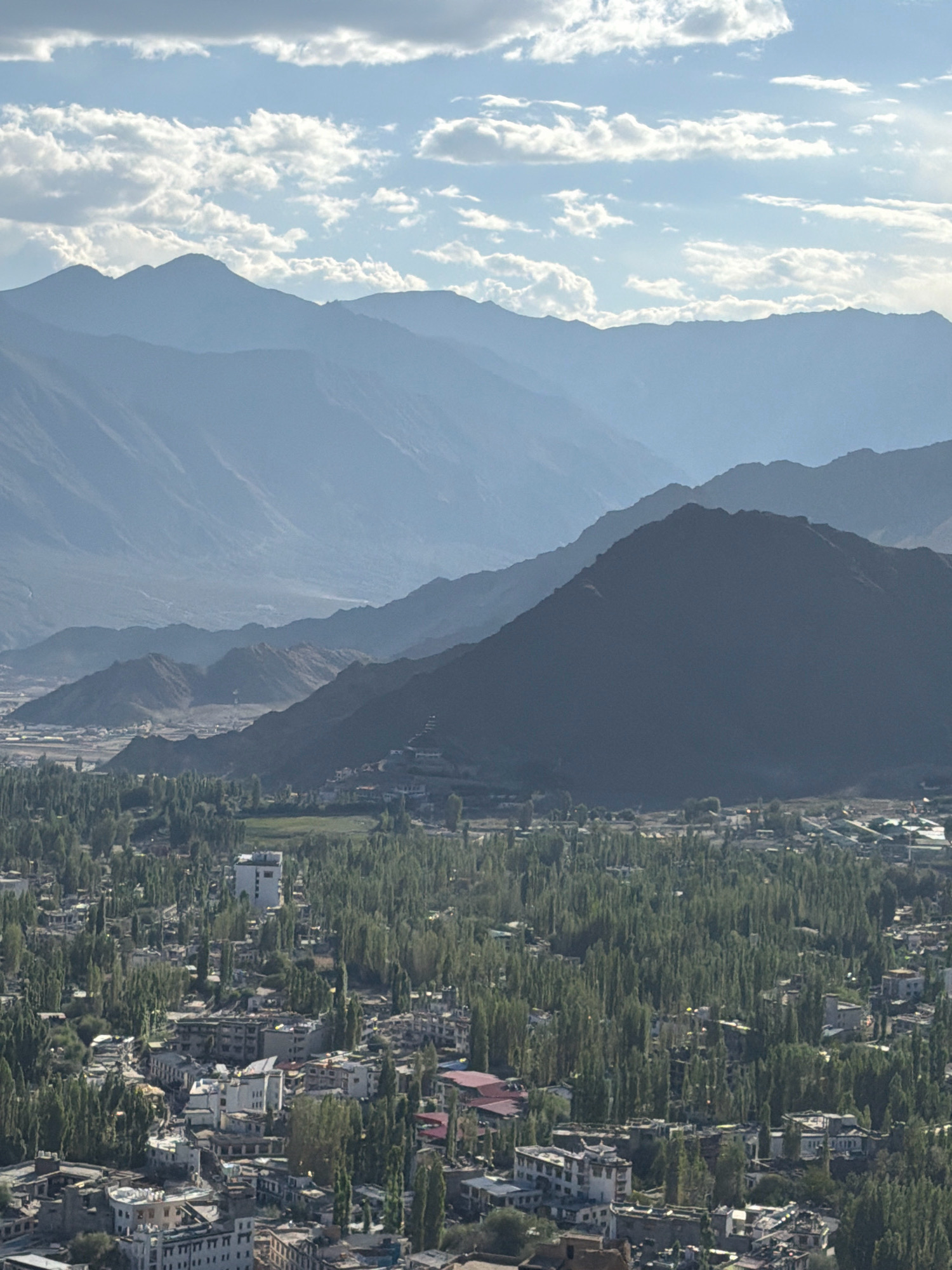 The image captures an aerial view of the city of Leh, India, nestled amidst a dramatic mountain landscape. In the foreground, a densely populated urban area is visible, characterized by a mix of residential and commercial buildings. Many structures appear to be made of concrete and feature flat roofs. The city is surrounded by a lush expanse of tall, slender trees, creating a green canopy over parts of the urban fabric.
Beyond the city, the terrain rises into rolling hills and then into majestic, layered mountain ranges. These mountains fade into a hazy blue, creating a sense of depth and vastness. The sky above is a pale blue, adorned with scattered white clouds, some of which are illuminated by sunlight, casting a soft light on the scene. The overall impression is one of a high-altitude desert city harmoniously integrated with its formidable natural surroundings.