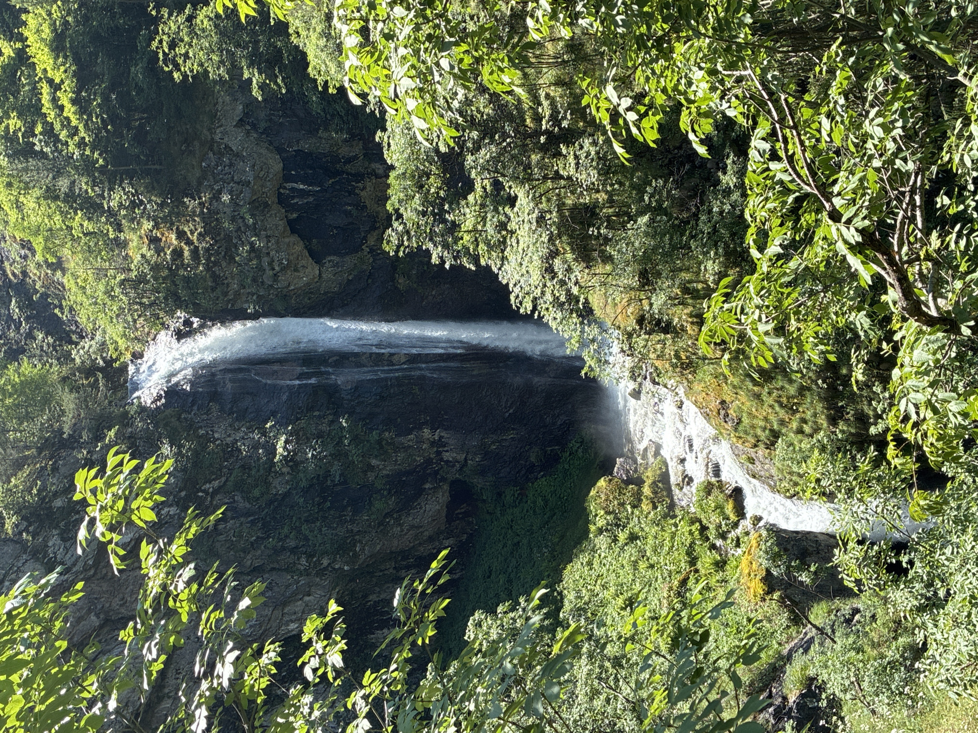 This is a vertical, medium shot of a tall waterfall cascading down a rocky cliff face surrounded by lush green vegetation. The waterfall, a prominent feature, descends from the top center of the frame, thinning as it falls and creating a misty spray at its base where it meets a rocky stream. The surrounding environment is dense with trees and foliage, with sunlight filtering through the leaves, creating dappled light and shadows. The rocky cliff face appears dark and rugged, with some patches of green moss and other vegetation growing on its surface. The stream at the bottom of the waterfall is white with turbulent water and flows over rocks. The image appears to be taken from a slightly elevated position, looking down at the waterfall and its surroundings. The scene evokes a sense of natural beauty and wilderness, consistent with the area around Ovchartsi, Bulgaria, which is known for its natural landscapes and waterfalls, such as the Ovchartsi Waterfalls.