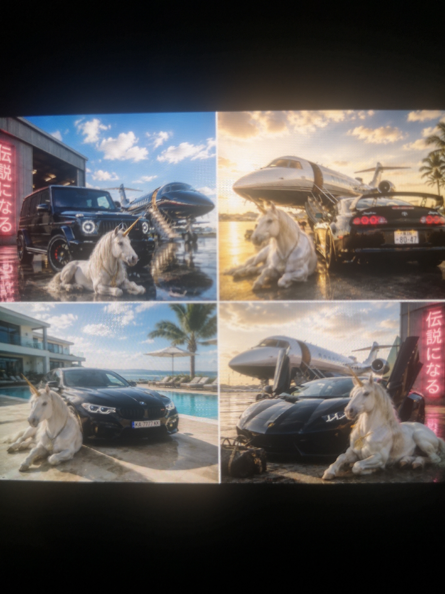 The image is a collage of four photographs, each depicting a luxurious scene involving vehicles, a private jet, and a white unicorn statue. The first photograph shows a black Mercedes G-Wagon in front of an airplane hangar, with a private jet visible in the background, all under a partly cloudy sky. A unicorn statue is lying near the front wheel. The second photograph features a black Toyota Supra and a private jet with a sunset sky in the background. A unicorn statue is lying in front of the car. The third photograph shows a black BMW car in front of a large white house and a swimming pool with lounge chairs under a partly cloudy sky. A unicorn statue is lying next to the car. The fourth photograph shows a black Lamborghini car and a private jet. A unicorn statue is lying next to the car. The location appears to be a tropical or coastal area due to the presence of palm trees and proximity to water bodies. In two of the photographs, Japanese text is visible, which translates to "Become a Legend."