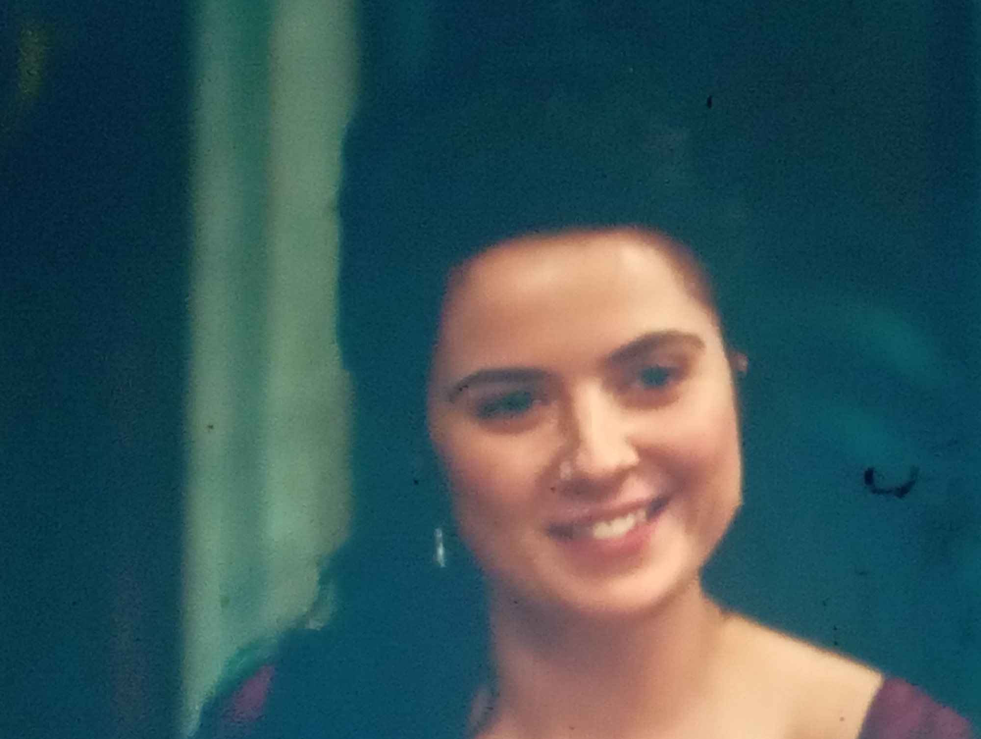 The image is a close-up, slightly blurry, and grainy portrait of a young woman with fair skin and dark hair, smiling. She is wearing a dark, possibly purple, garment. She has dark eyebrows, brown eyes, and a visible lower lip. A small, light-colored earring is visible in her left ear. The background is dark with vertical greenish-blue and lighter vertical bands of light, suggesting an indoor setting with some form of lighting or drapery. There are several small dark specks scattered across the image, indicative of dust or film grain. The location in Sofiivska Borshchahivka, Ukraine, is not discernible from the visual information provided in the image.