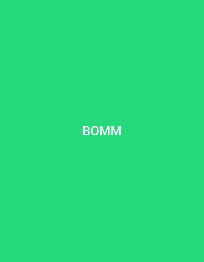 The image displays a plain, solid green background. Centered horizontally and vertically on this background is the text "BOMM" written in white, uppercase letters. There are no other discernible subjects, objects, or activities depicted. The image is a simple graphic featuring only text on a monochromatic field.