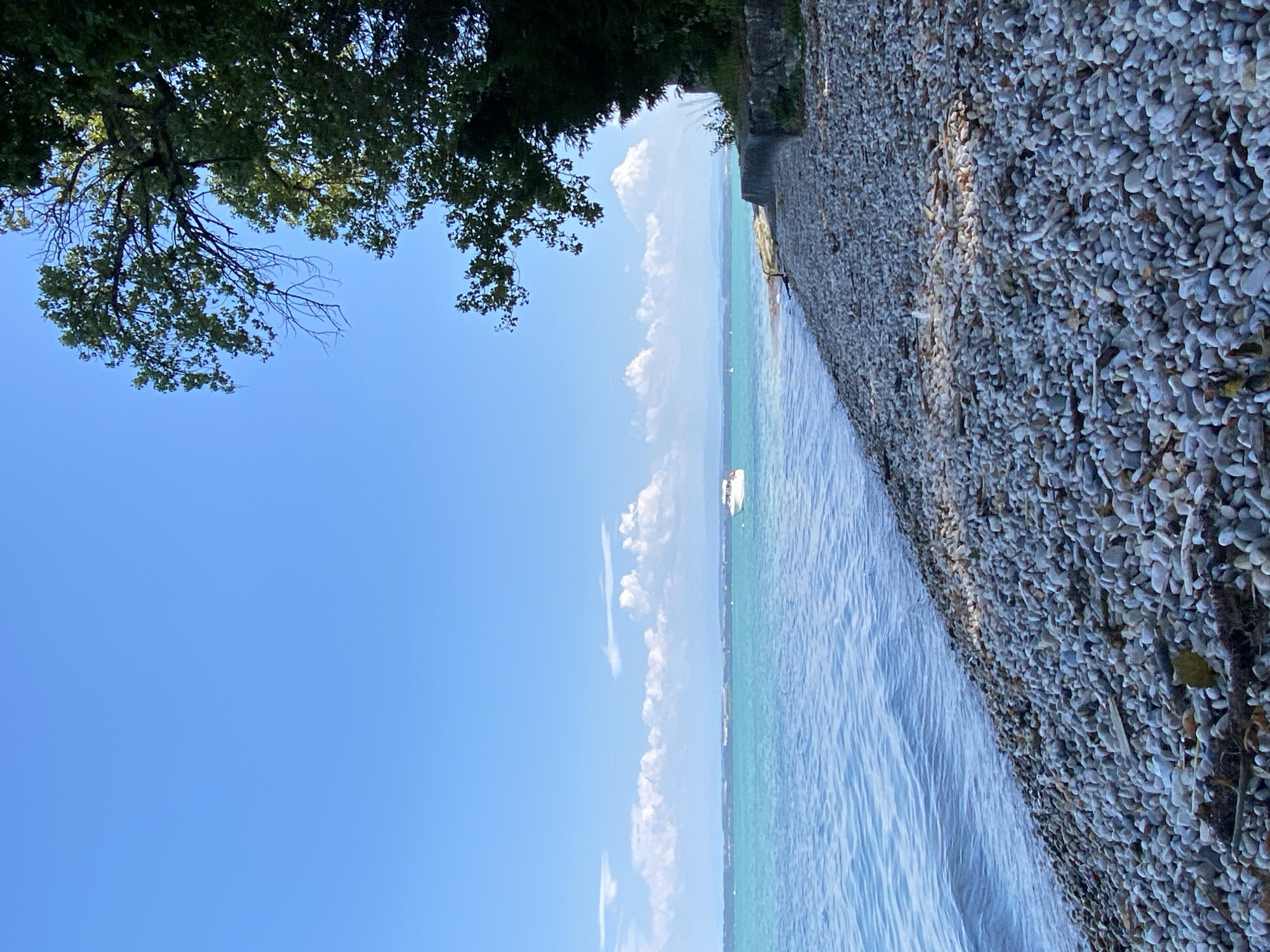 The image depicts a serene lakeside scene in Cortaillod, Switzerland. The foreground is dominated by a pebble beach, with smooth, grey and white stones covering the shore. Some dried leaves and twigs are scattered among the pebbles. To the left, the calm, blue water of Lake Neuchâtel gently laps at the shore, with subtle ripples visible. In the middle distance, a small white boat with a brown canopy is anchored on the turquoise water. Further out, a hazy shoreline with faint structures and distant mountains is visible under a bright blue sky dotted with a few fluffy white clouds. To the right, a dense green tree with dark foliage overhangs the scene, casting shadows on the beach. A low, weathered stone wall runs along the edge of the beach, bordering a vegetated embankment. The overall impression is one of a peaceful, natural environment on a clear day.