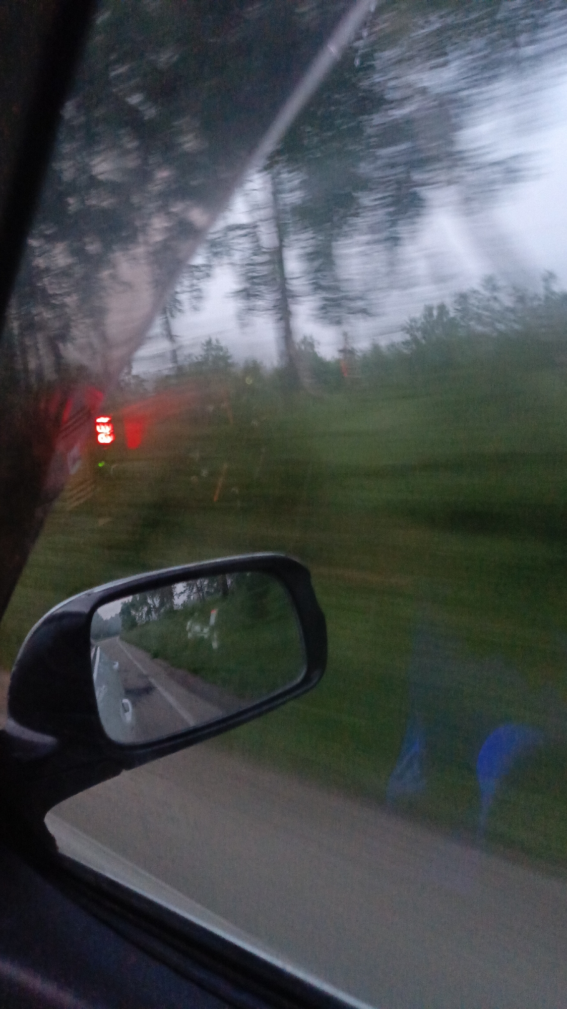 The image shows a view from inside a moving vehicle. The perspective is through the driver's side window and includes the side-view mirror. The side-view mirror reflects a road and trees, suggesting the vehicle is on a road in a rural or semi-rural area. In the foreground, out of focus, are parts of the car interior, including a dark-colored dashboard and possibly a door panel. To the left of the side-view mirror, and also out of focus, is a red digital display, possibly from another vehicle, with the numbers "153" visible. The exterior view is blurred due to motion, but it appears to be a cloudy or overcast day with green foliage and trees. There is no specific information in the image that points to the city of Зуй, Russia.
