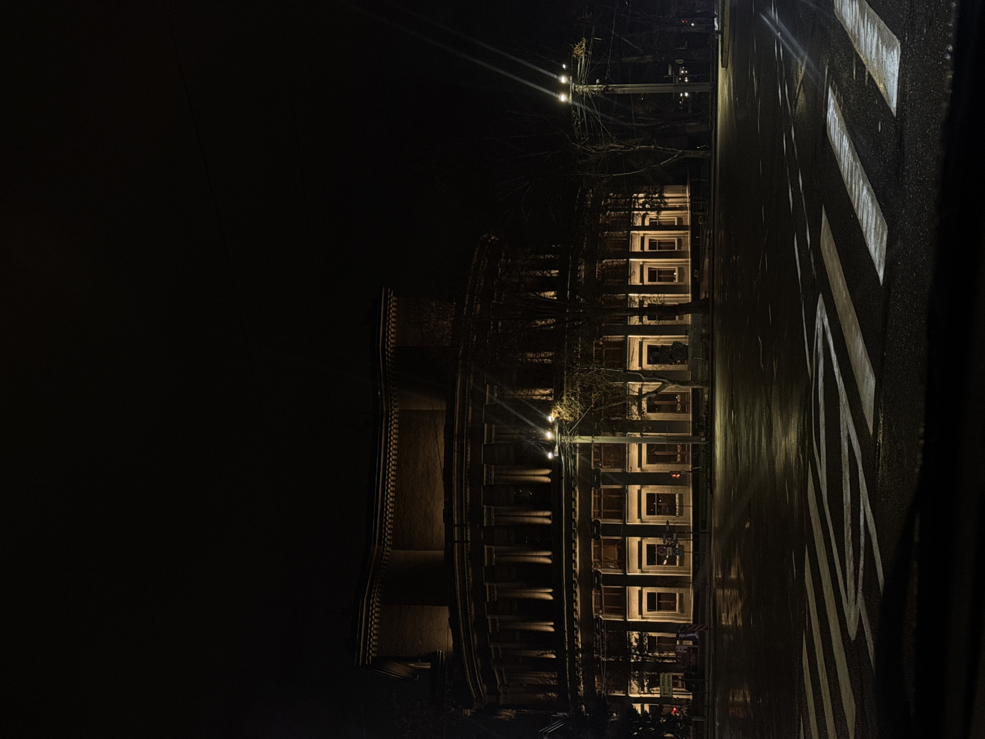 The image shows a night scene in Yerevan, Armenia, featuring a multi-story building with illuminated windows along a street. The building has an ornate facade with columns and balconies. Streetlights cast light and shadows, and a crosswalk with white stripes is visible on the wet asphalt street. There are bare tree branches visible, partially obscuring the building. The left side of the image is dominated by darkness.