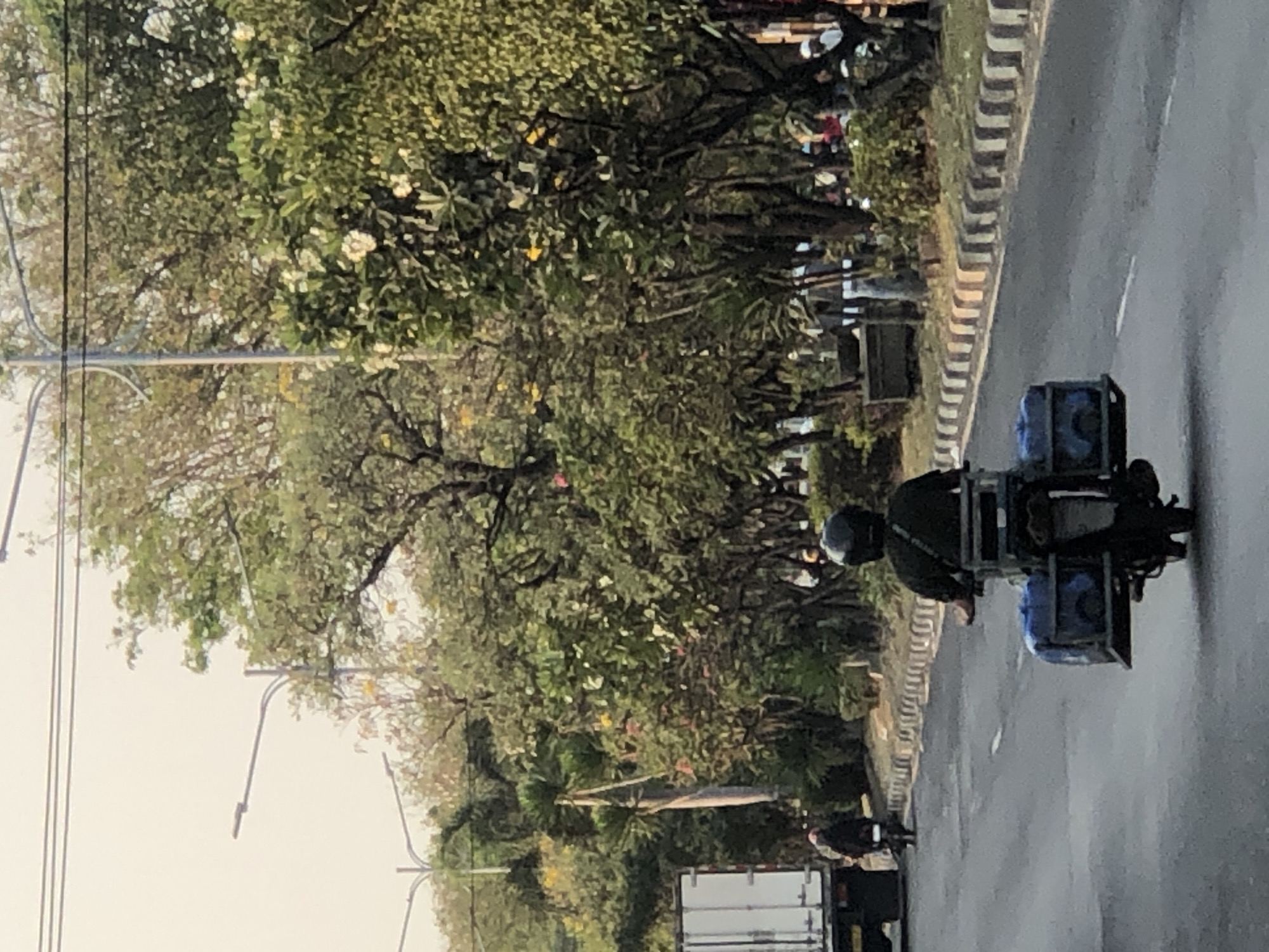 The image depicts a scene on a road in Ngaban, Indonesia. In the foreground, a person is riding a motorcycle from behind, wearing a dark shirt and a helmet. The motorcycle is equipped with a rack carrying two large blue containers. The road has a white line marking the lane. On the right side of the road, there is a sidewalk with a curb made of alternating light and dark colored blocks. Beyond the sidewalk, there are trees and foliage lining the street. In the background, a white truck is visible on the left side of the road, and another motorcycle with a rider is further down the road. Streetlights are visible in the upper portion of the image. The sky is overcast and bright, suggesting daytime.